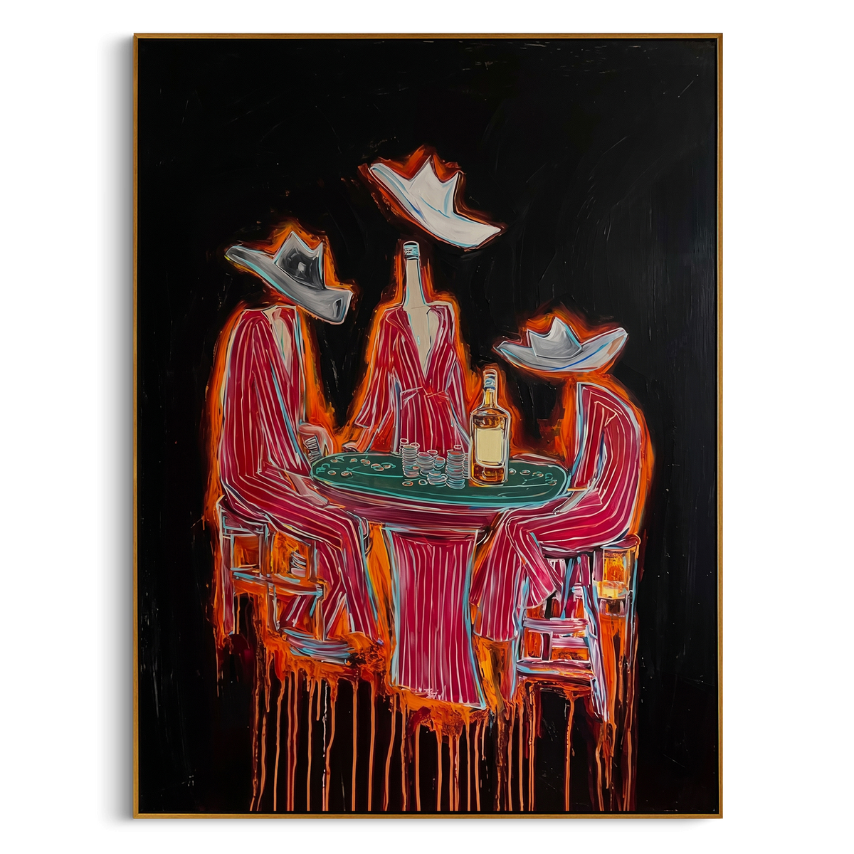 Girls Western Poker Table is written from the actual artwork image, focusing on three cowgirls around a round green poker table on a black field. The composition is built from specific visible details: three white hats, green table, red clothing, playing cards, dark background, and dripping paint. The vertical composition keeps attention on three white hats, green table, red clothing, playing cards, dark background, and dripping paint, using open ground, cropped edges, and strong color blocks to