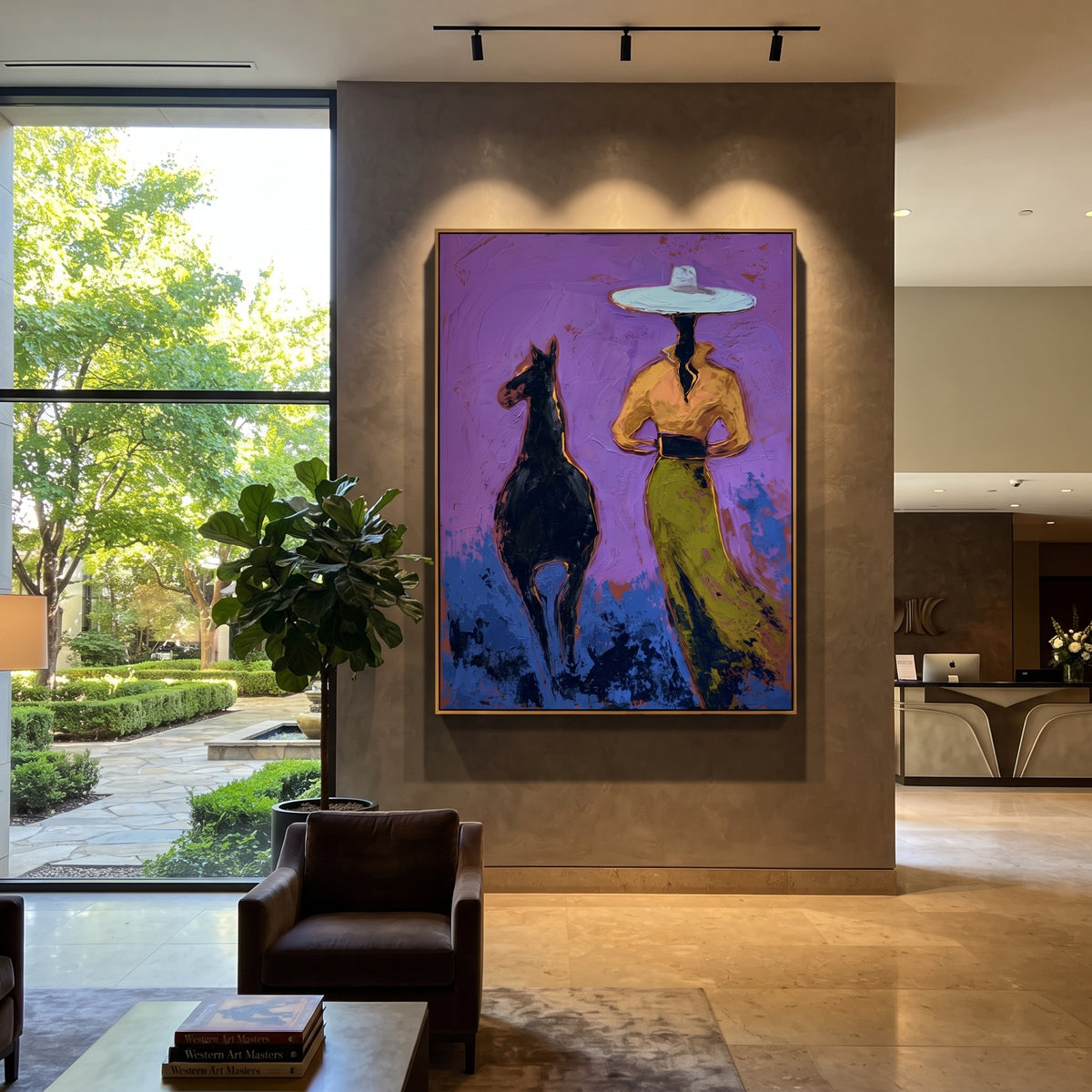 Purple Horse Cowgirl is written from the actual artwork image, focusing on a cowgirl walking beside a black horse on a violet and green field. The composition is built from specific visible details: black horse, wide pale hat, green skirt, violet sky, and side-by-side companion movement. The vertical composition keeps attention on black horse, wide pale hat, green skirt, violet sky, and side-by-side companion movement, using open ground, cropped edges, and strong color blocks to make the scene