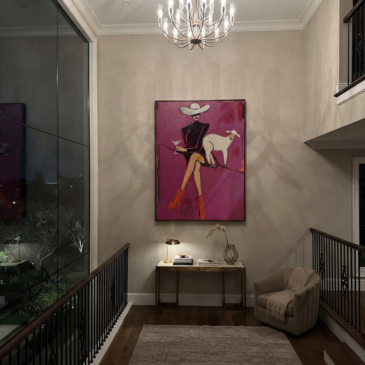 Magenta Goat Hour Cowgirl is written from the actual artwork image, focusing on a seated black-clad cowgirl beside a pale goat on a magenta background. The composition is built from specific visible details: black outfit, pale goat, martini glass, crossed legs, magenta field, and quiet western oddity. The vertical composition keeps attention on black outfit, pale goat, martini glass, crossed legs, magenta field, and quiet western oddity, using open ground, cropped edges, and strong color blocks