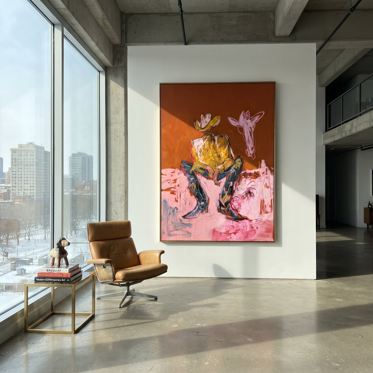 Ochre Cowboy Dreams is written from the actual artwork image, focusing on a seated cowboy with white hat and pale animal companion on ochre and pink. The composition is built from specific visible details: seated cowboy, pale animal head, ochre wall, pink seat, white hat, and dreamy western stillness. The vertical composition keeps attention on seated cowboy, pale animal head, ochre wall, pink seat, white hat, and dreamy western stillness, using open ground, cropped edges, and strong color