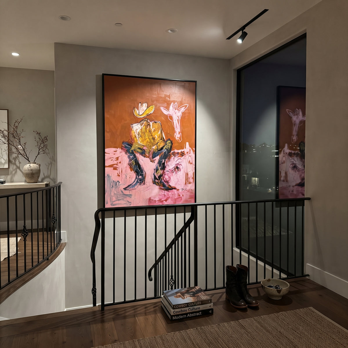 Ochre Cowboy Dreams is written from the actual artwork image, focusing on a seated cowboy with white hat and pale animal companion on ochre and pink. The composition is built from specific visible details: seated cowboy, pale animal head, ochre wall, pink seat, white hat, and dreamy western stillness. The vertical composition keeps attention on seated cowboy, pale animal head, ochre wall, pink seat, white hat, and dreamy western stillness, using open ground, cropped edges, and strong color