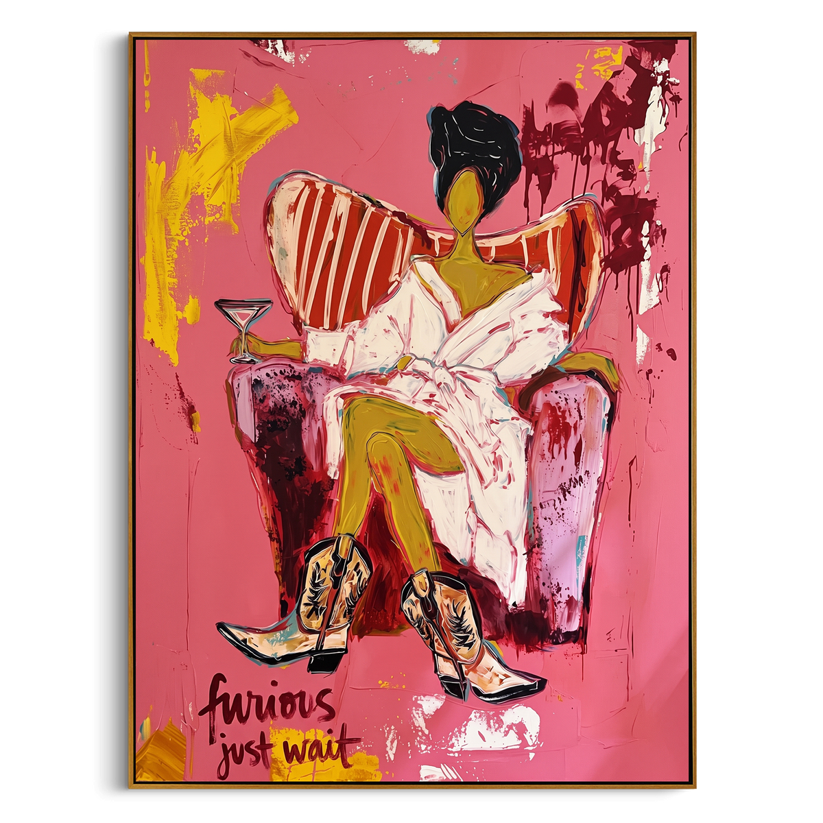 Pink Lounge Cowgirl is written from the actual artwork image, focusing on a seated lounge cowgirl in white robe and black hat on a pink room field. The composition is built from specific visible details: white robe, black hat, chair cushion, yellow legs, pink wall, and painted lettering near the base. The vertical composition keeps attention on white robe, black hat, chair cushion, yellow legs, pink wall, and painted lettering near the base, using open ground, cropped edges, and strong color