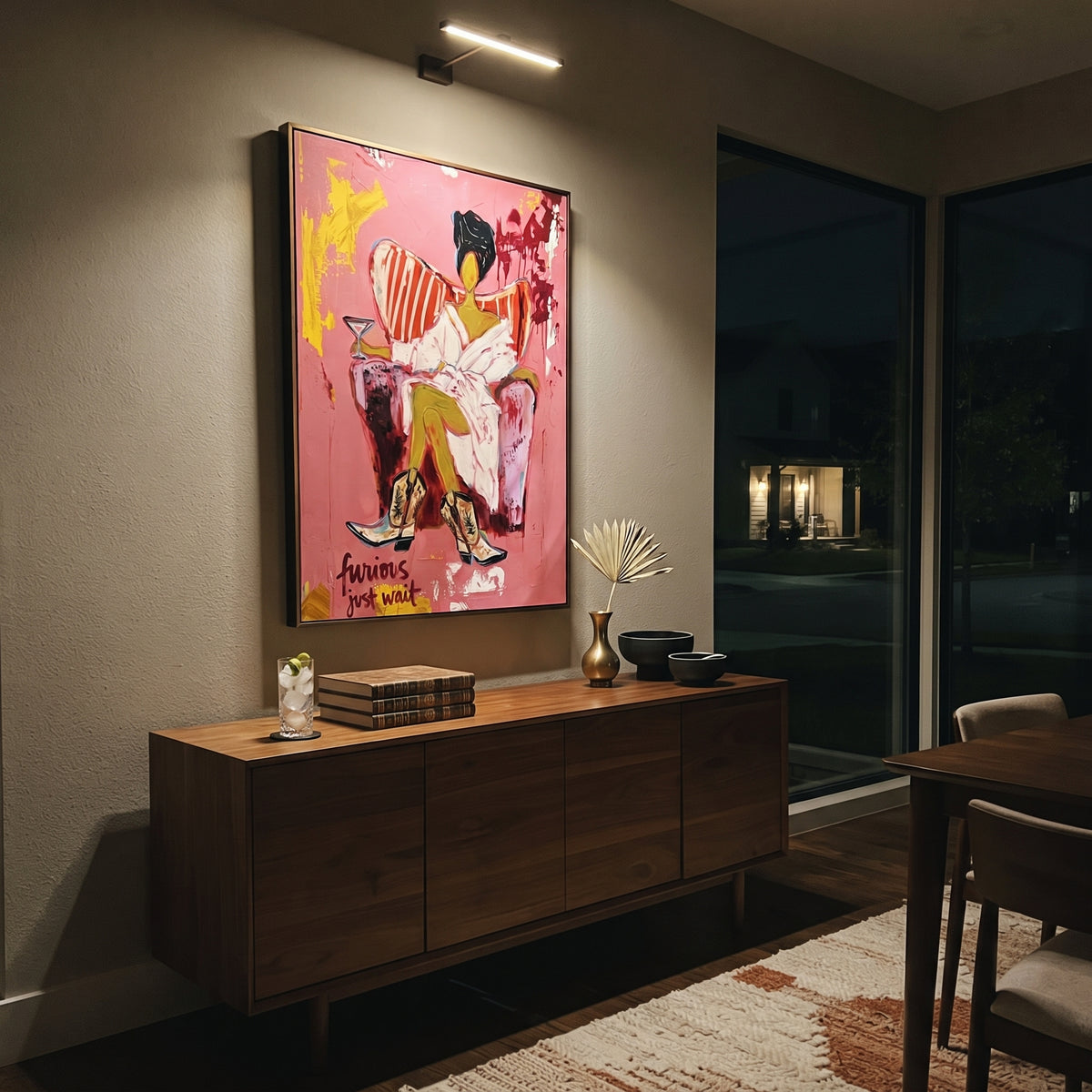 Pink Lounge Cowgirl is written from the actual artwork image, focusing on a seated lounge cowgirl in white robe and black hat on a pink room field. The composition is built from specific visible details: white robe, black hat, chair cushion, yellow legs, pink wall, and painted lettering near the base. The vertical composition keeps attention on white robe, black hat, chair cushion, yellow legs, pink wall, and painted lettering near the base, using open ground, cropped edges, and strong color