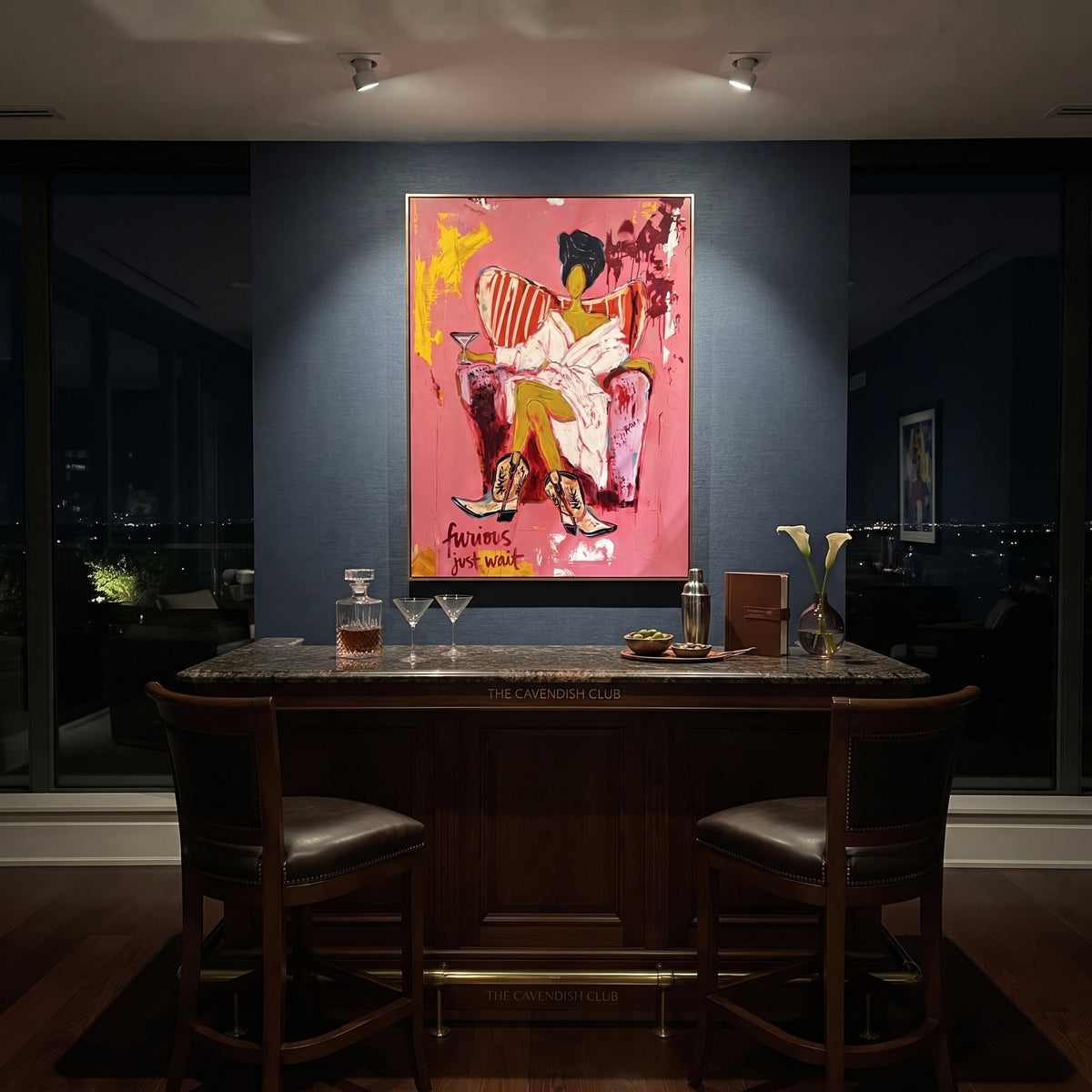 Pink Lounge Cowgirl is written from the actual artwork image, focusing on a seated lounge cowgirl in white robe and black hat on a pink room field. The composition is built from specific visible details: white robe, black hat, chair cushion, yellow legs, pink wall, and painted lettering near the base. The vertical composition keeps attention on white robe, black hat, chair cushion, yellow legs, pink wall, and painted lettering near the base, using open ground, cropped edges, and strong color