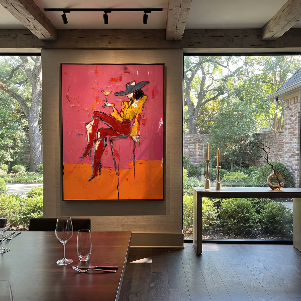 Cocktail Cowgirl Red Chair is written from the actual artwork image, focusing on a cowgirl in red chair with martini glass on hot pink and orange blocks. The composition is built from specific visible details: red chair, black hat, martini glass, yellow face, crossed legs, and split orange-pink background. The vertical composition keeps attention on red chair, black hat, martini glass, yellow face, crossed legs, and split orange-pink background, using open ground, cropped edges, and strong color