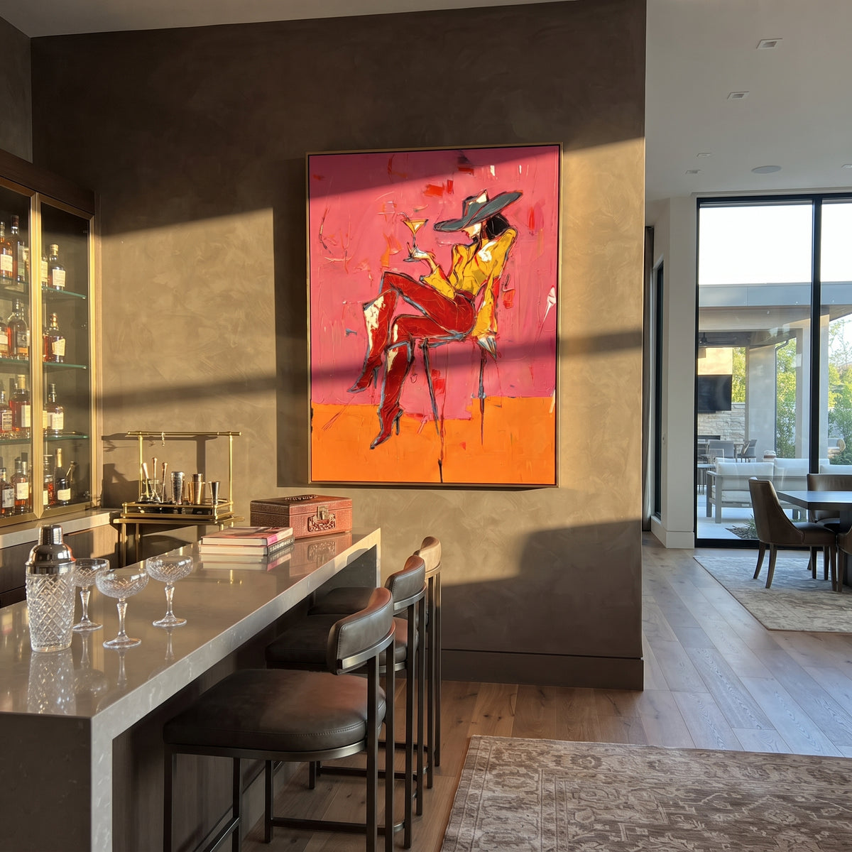 Cocktail Cowgirl Red Chair is written from the actual artwork image, focusing on a cowgirl in red chair with martini glass on hot pink and orange blocks. The composition is built from specific visible details: red chair, black hat, martini glass, yellow face, crossed legs, and split orange-pink background. The vertical composition keeps attention on red chair, black hat, martini glass, yellow face, crossed legs, and split orange-pink background, using open ground, cropped edges, and strong color
