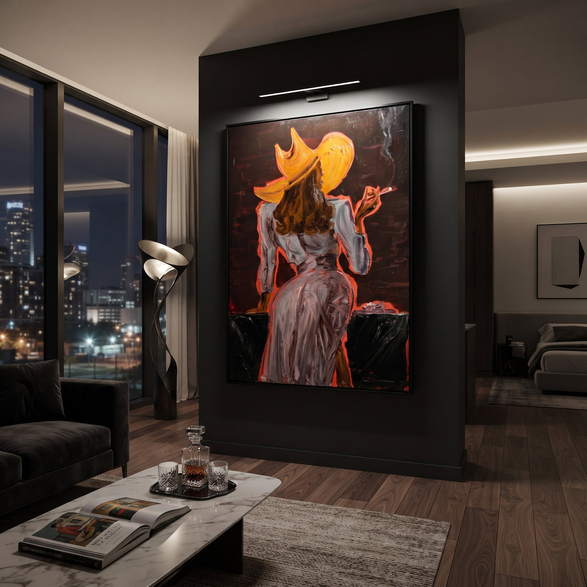 Ember Hat Back Figure is written from the actual artwork image, focusing on a back-facing woman in pale dress and orange hat against a dark ember room. The composition is built from specific visible details: back view figure, orange hat, pale dress, dark room, shoulder line, and ember-like side light. The vertical composition keeps attention on back view figure, orange hat, pale dress, dark room, shoulder line, and ember-like side light, using open ground, cropped edges, and strong color blocks