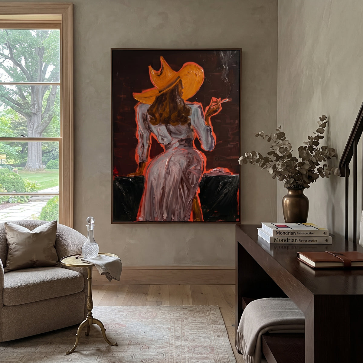 Ember Hat Back Figure is written from the actual artwork image, focusing on a back-facing woman in pale dress and orange hat against a dark ember room. The composition is built from specific visible details: back view figure, orange hat, pale dress, dark room, shoulder line, and ember-like side light. The vertical composition keeps attention on back view figure, orange hat, pale dress, dark room, shoulder line, and ember-like side light, using open ground, cropped edges, and strong color blocks