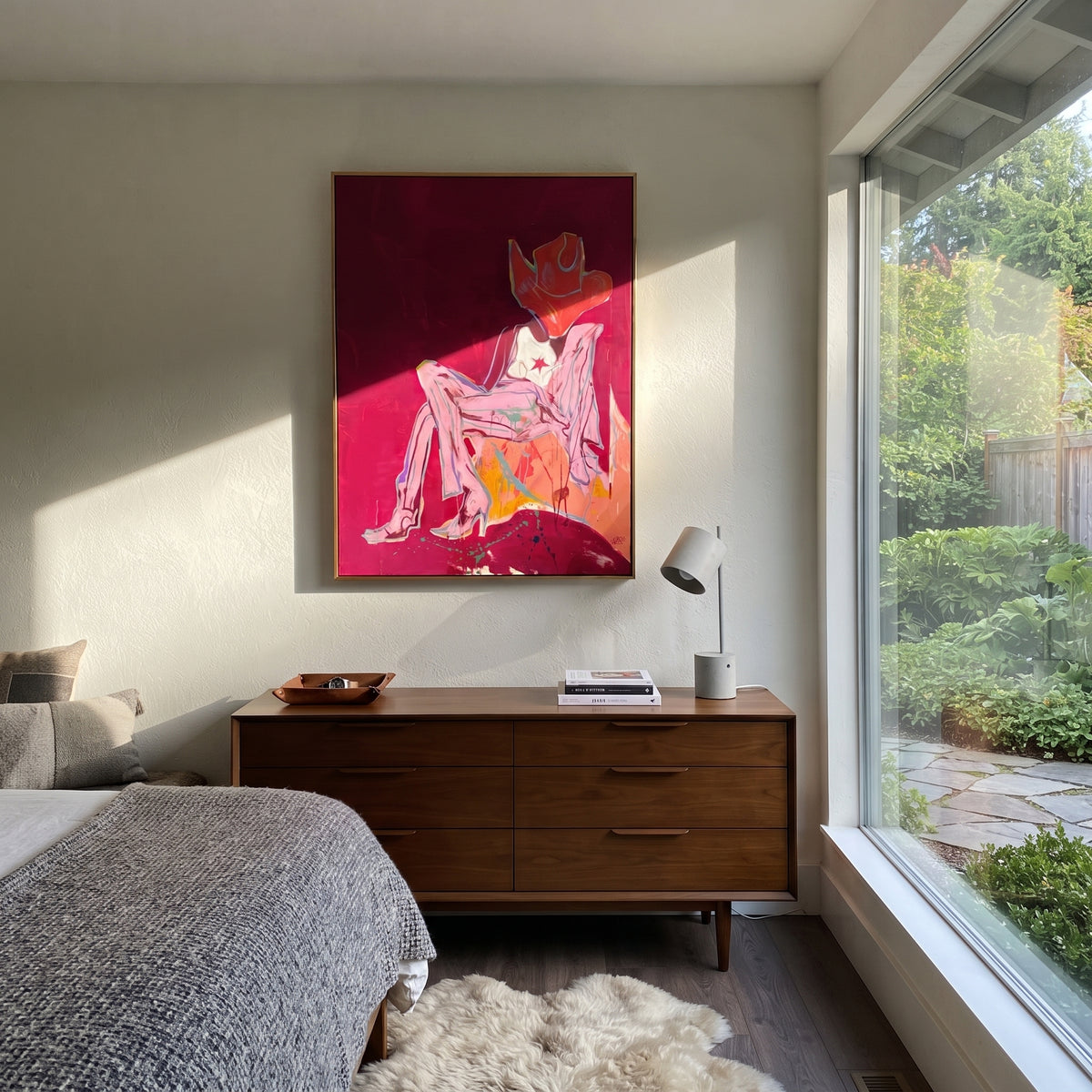 Off Duty Star Cowgirl is written from the actual artwork image, focusing on a seated off-duty cowgirl with star top, white boots, and red hat on burgundy. The composition is built from specific visible details: red cowboy hat, star top, white boots, crossed legs, burgundy field, and relaxed chair pose. The vertical composition keeps attention on red cowboy hat, star top, white boots, crossed legs, burgundy field, and relaxed chair pose, using open ground, cropped edges, and strong color blocks