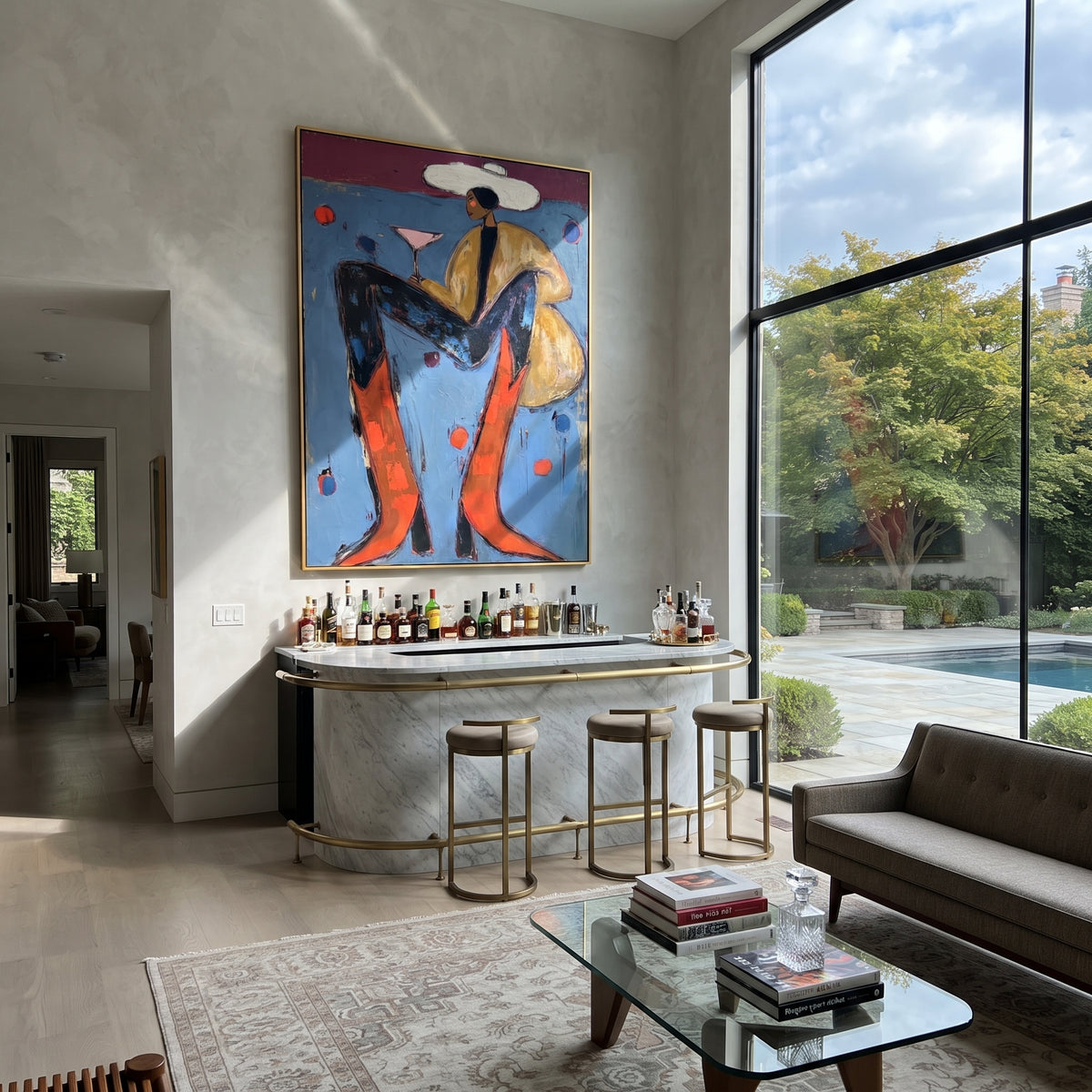 Blue Chair Martini Cowboy is written from the actual artwork image, focusing on a seated cowboy with martini glass, orange boots, and blue chair on dotted wall. The composition is built from specific visible details: blue chair, orange boots, tan coat, white hat, martini glass, and dotted blue wall. The vertical composition keeps attention on blue chair, orange boots, tan coat, white hat, martini glass, and dotted blue wall, using open ground, cropped edges, and strong color blocks to make the