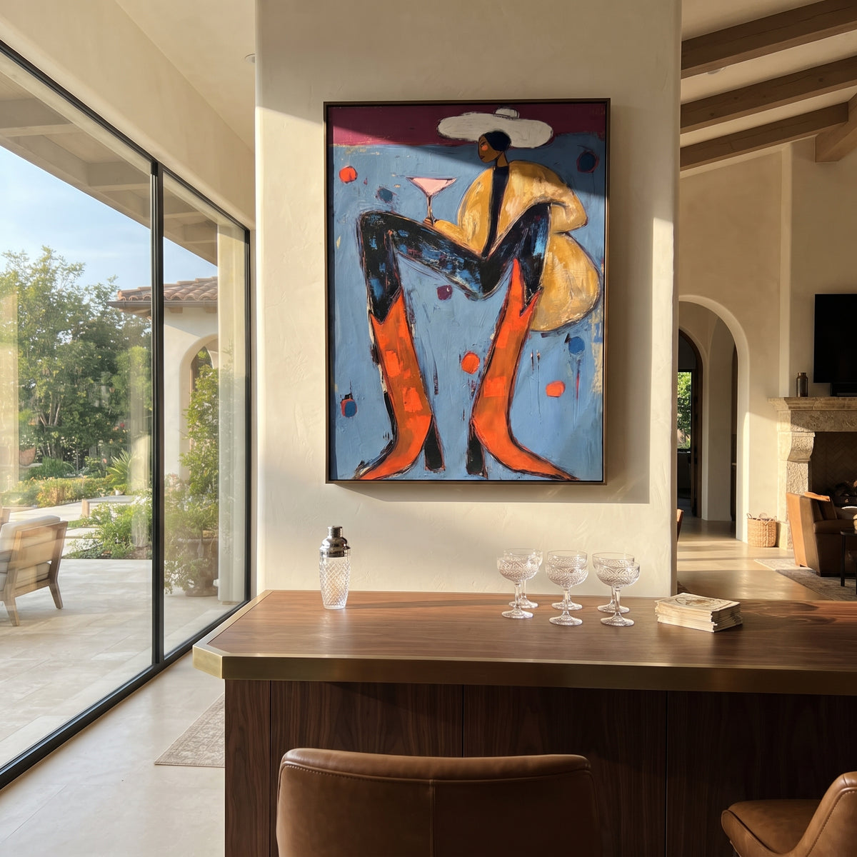 Blue Chair Martini Cowboy is written from the actual artwork image, focusing on a seated cowboy with martini glass, orange boots, and blue chair on dotted wall. The composition is built from specific visible details: blue chair, orange boots, tan coat, white hat, martini glass, and dotted blue wall. The vertical composition keeps attention on blue chair, orange boots, tan coat, white hat, martini glass, and dotted blue wall, using open ground, cropped edges, and strong color blocks to make the