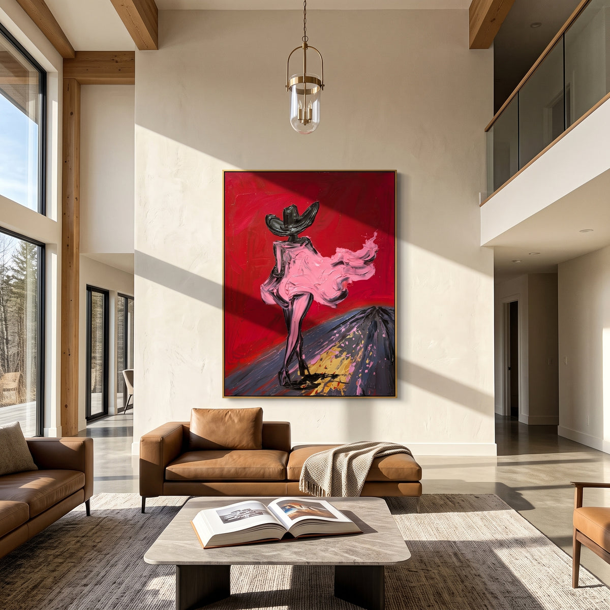 Red Road Cowgirl Fashion is written from the actual artwork image, focusing on a walking cowgirl in pink dress and black hat on a red road. The composition is built from specific visible details: pink dress, black hat, wind shape, red field, dark road, and runway-like western movement. The vertical composition keeps attention on pink dress, black hat, wind shape, red field, dark road, and runway-like western movement, using open ground, cropped edges, and strong color blocks to make the scene