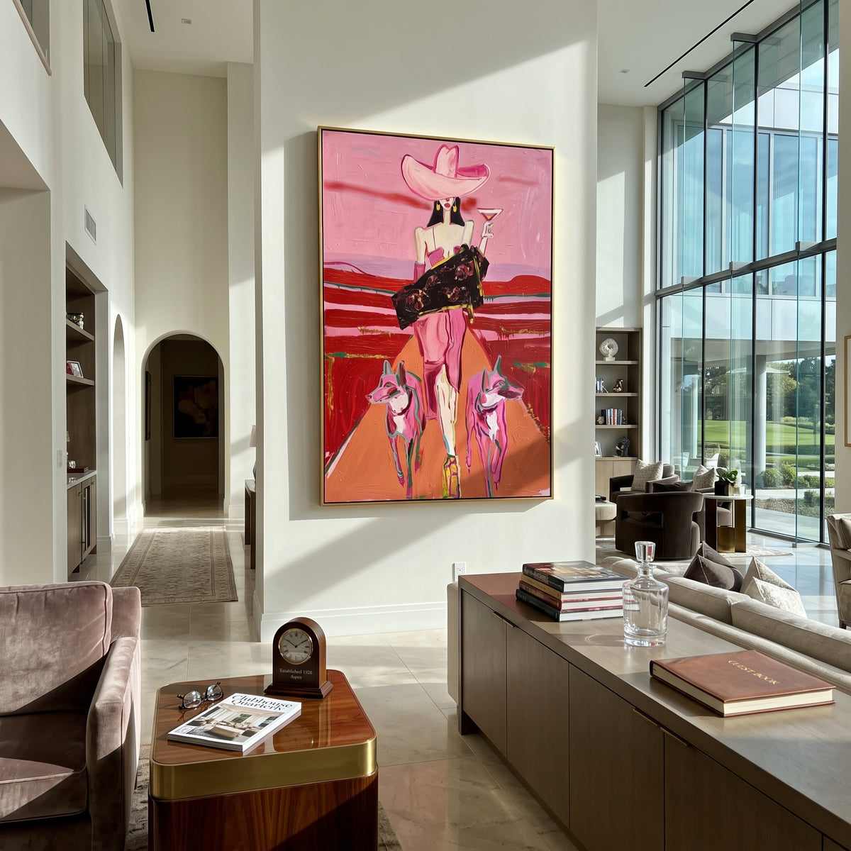 Pink Outlaw Dogs is written from the actual artwork image, focusing on a pink-hat outlaw cowgirl with guitar case and two small dogs. The composition is built from specific visible details: pink hat, black case, two dogs, red desert stripes, and western outlaw posture. The vertical composition keeps attention on pink hat, black case, two dogs, red desert stripes, and western outlaw posture, using open ground, cropped edges, and strong color blocks to make the scene feel direct and