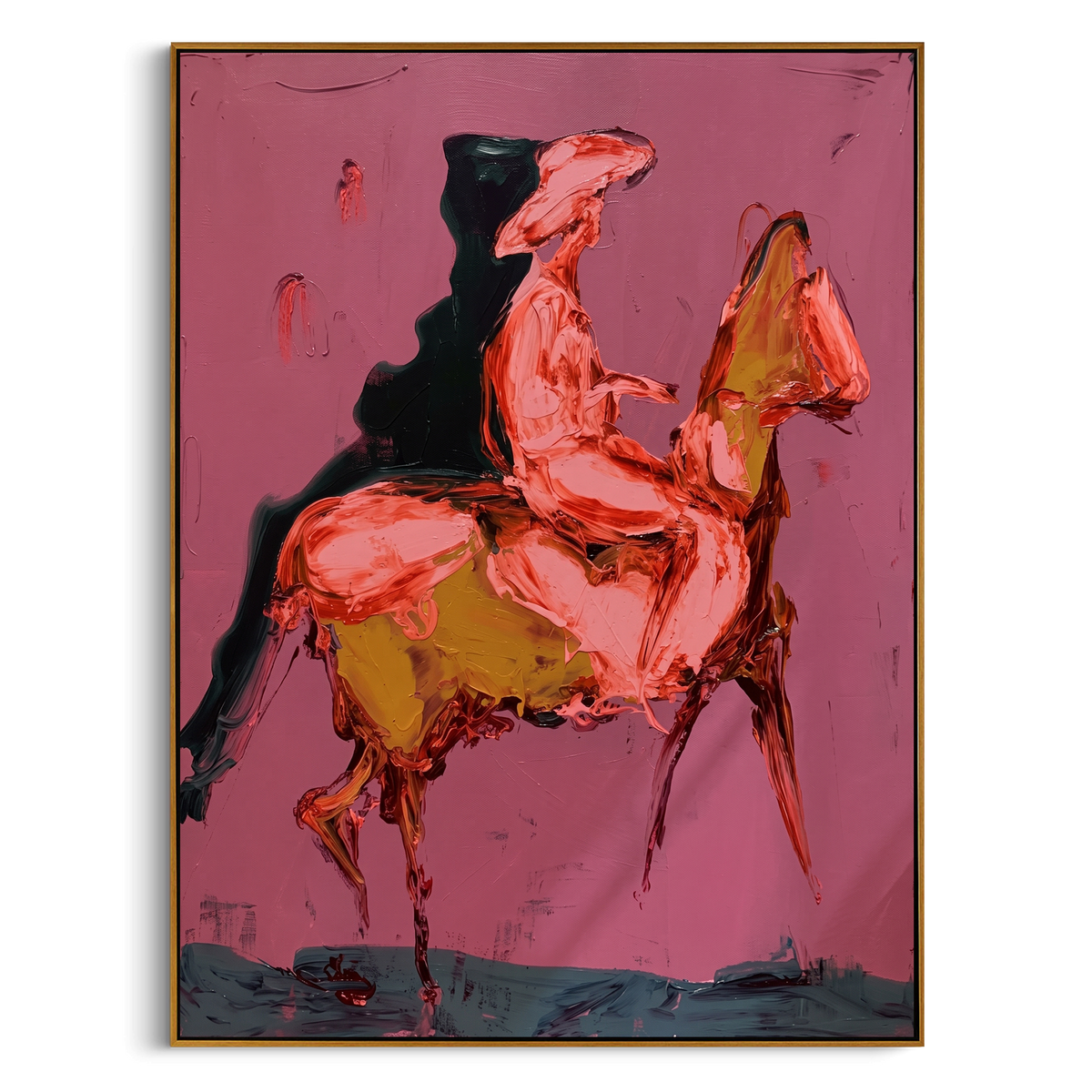 Pink Horse Rider is written from the actual artwork image, focusing on a pink rider mounted on a yellow horse form against a rose field. The composition is built from specific visible details: pink rider body, yellow horse, black shadow, rose background, and loose equestrian motion. The vertical composition keeps attention on pink rider body, yellow horse, black shadow, rose background, and loose equestrian motion, using open ground, cropped edges, and strong color blocks to make the scene feel