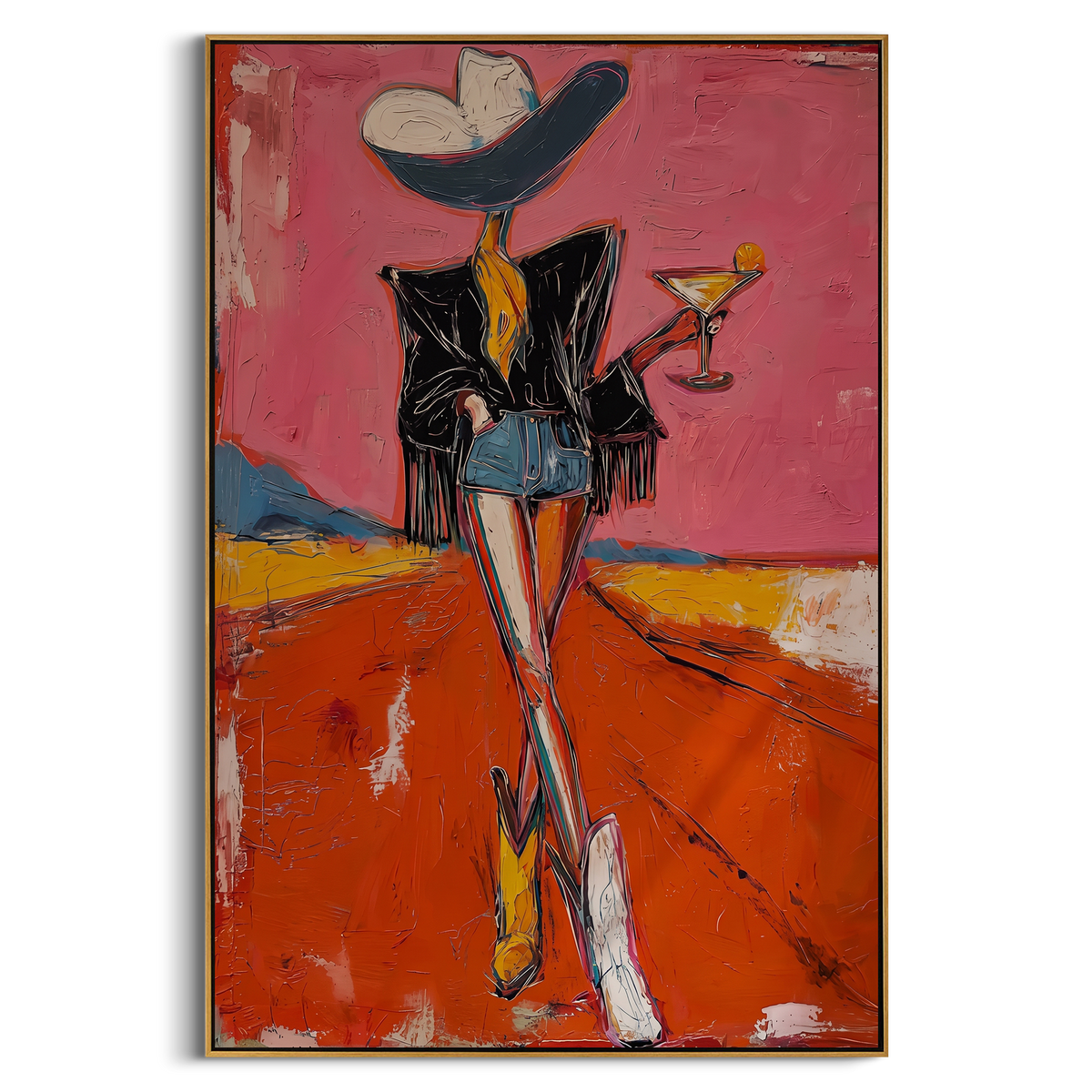One Boot Martini Cowgirl is written from the actual artwork image, focusing on a standing cowgirl with one boot forward, black jacket, martini, and orange road. The composition is built from specific visible details: black jacket, long legs, one boot emphasis, martini glass, pink sky, and orange road. The vertical composition keeps attention on black jacket, long legs, one boot emphasis, martini glass, pink sky, and orange road, using open ground, cropped edges, and strong color blocks to make