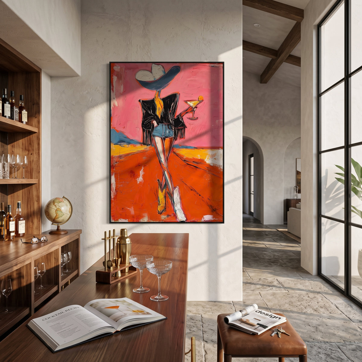 One Boot Martini Cowgirl is written from the actual artwork image, focusing on a standing cowgirl with one boot forward, black jacket, martini, and orange road. The composition is built from specific visible details: black jacket, long legs, one boot emphasis, martini glass, pink sky, and orange road. The vertical composition keeps attention on black jacket, long legs, one boot emphasis, martini glass, pink sky, and orange road, using open ground, cropped edges, and strong color blocks to make