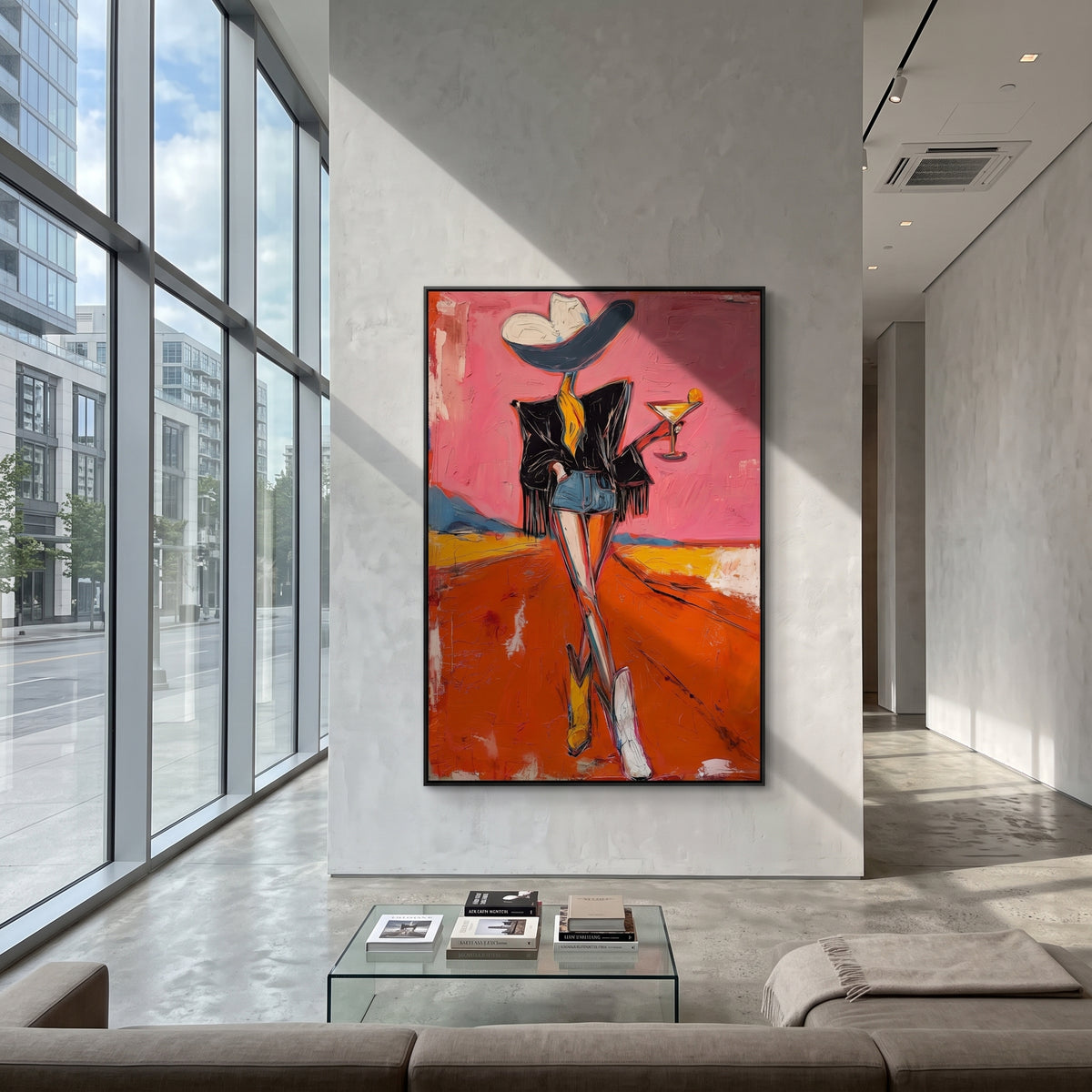 One Boot Martini Cowgirl is written from the actual artwork image, focusing on a standing cowgirl with one boot forward, black jacket, martini, and orange road. The composition is built from specific visible details: black jacket, long legs, one boot emphasis, martini glass, pink sky, and orange road. The vertical composition keeps attention on black jacket, long legs, one boot emphasis, martini glass, pink sky, and orange road, using open ground, cropped edges, and strong color blocks to make