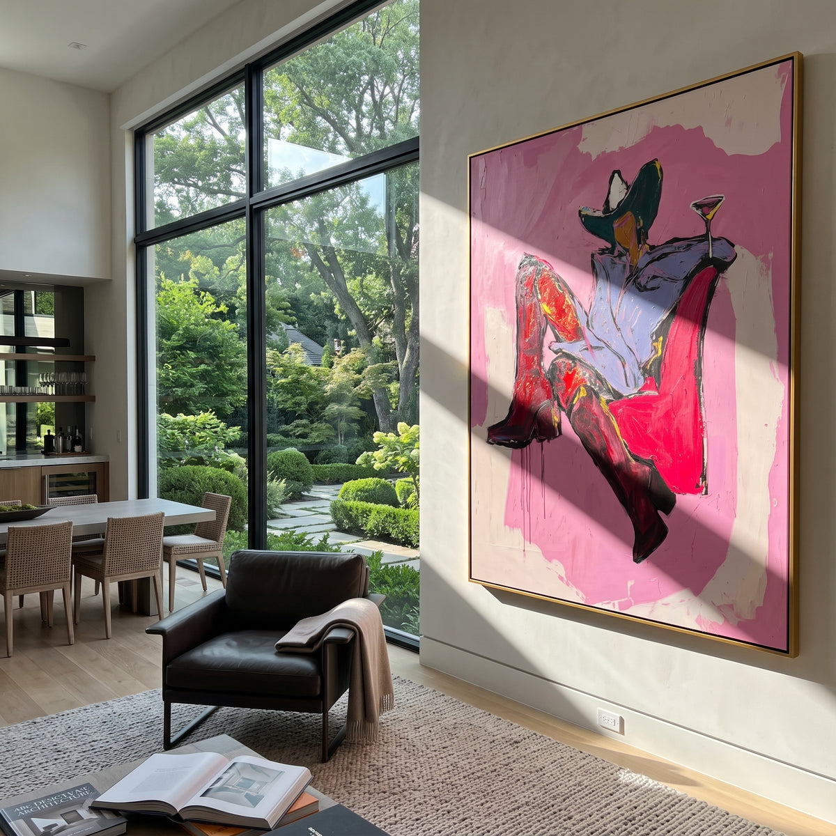 High Noon Martini Chair is written from the actual artwork image, focusing on a seated cowgirl in red boots holding a martini on a pink chair field. The composition is built from specific visible details: red boots, pink chair, black hat, pale shirt, martini glass, and relaxed high-noon pose. The vertical composition keeps attention on red boots, pink chair, black hat, pale shirt, martini glass, and relaxed high-noon pose, using open ground, cropped edges, and strong color blocks to make the