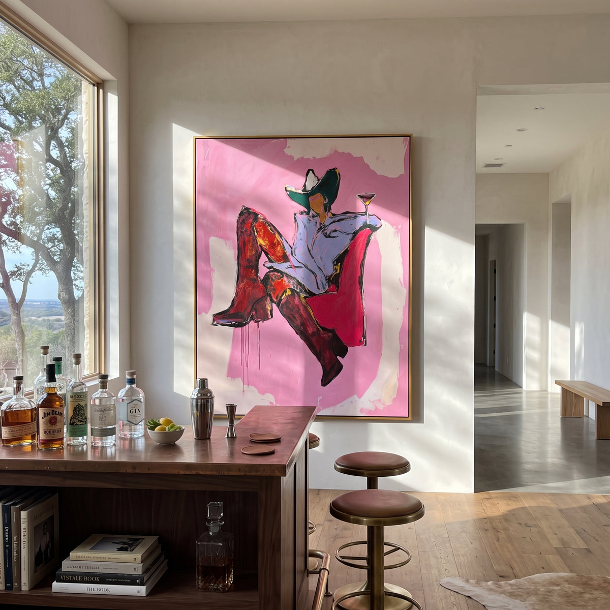 High Noon Martini Chair is written from the actual artwork image, focusing on a seated cowgirl in red boots holding a martini on a pink chair field. The composition is built from specific visible details: red boots, pink chair, black hat, pale shirt, martini glass, and relaxed high-noon pose. The vertical composition keeps attention on red boots, pink chair, black hat, pale shirt, martini glass, and relaxed high-noon pose, using open ground, cropped edges, and strong color blocks to make the
