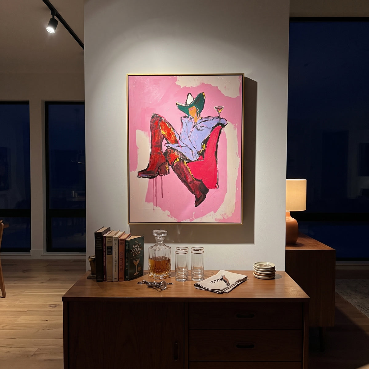 High Noon Martini Chair is written from the actual artwork image, focusing on a seated cowgirl in red boots holding a martini on a pink chair field. The composition is built from specific visible details: red boots, pink chair, black hat, pale shirt, martini glass, and relaxed high-noon pose. The vertical composition keeps attention on red boots, pink chair, black hat, pale shirt, martini glass, and relaxed high-noon pose, using open ground, cropped edges, and strong color blocks to make the