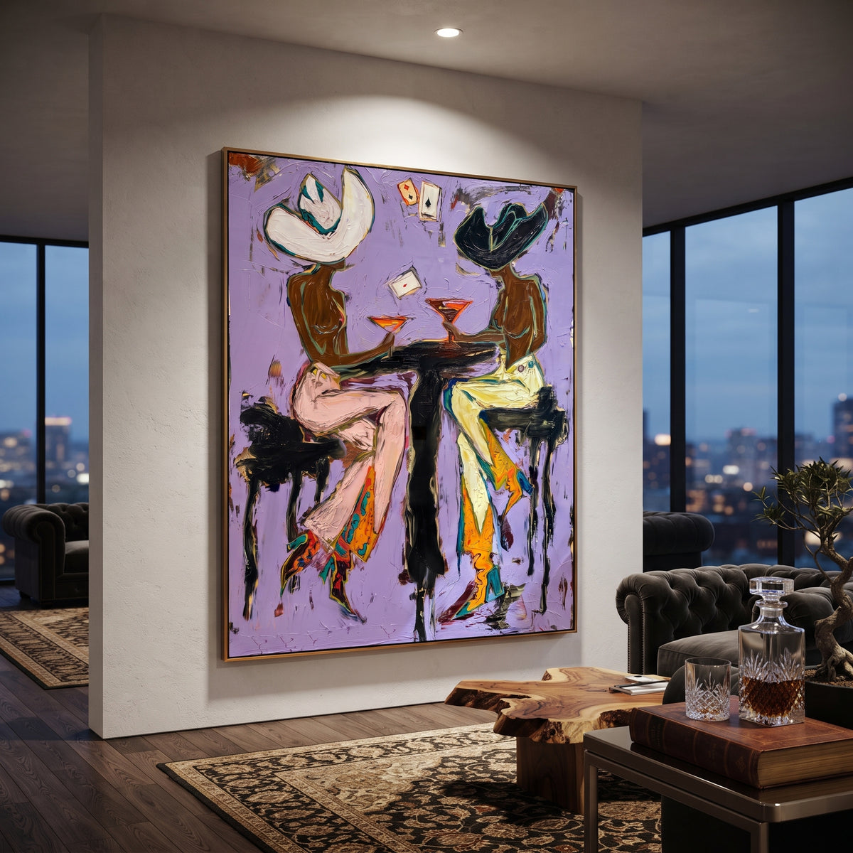 Aces Martini Cowgirls is written from the actual artwork image, focusing on two seated cowgirls with martinis and playing cards on a lavender field. The composition is built from specific visible details: two white hats, martini glasses, floating playing cards, yellow pants, and lavender-pink background. The vertical composition keeps attention on two white hats, martini glasses, floating playing cards, yellow pants, and lavender-pink background, using open ground, cropped edges, and strong