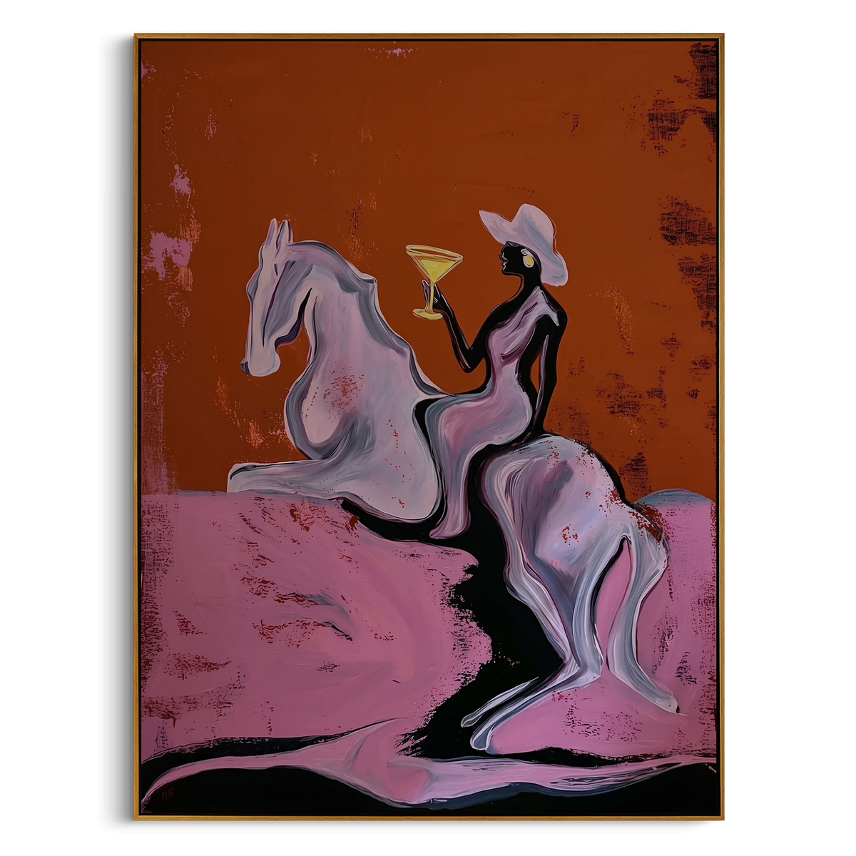 Martini Horse Ride is written from the actual artwork image, focusing on a cowgirl riding a white horse while holding a martini on an ochre field. The composition is built from specific visible details: white horse, raised martini, white hat, dark rider, ochre sky, and pink ground. The vertical composition keeps attention on white horse, raised martini, white hat, dark rider, ochre sky, and pink ground, using open ground, cropped edges, and strong color blocks to make the scene feel direct and