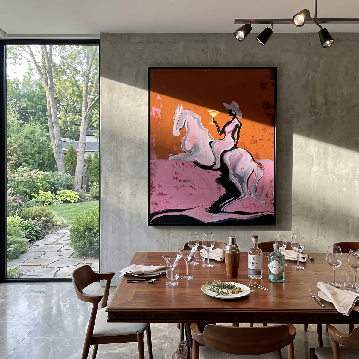Martini Horse Ride is written from the actual artwork image, focusing on a cowgirl riding a white horse while holding a martini on an ochre field. The composition is built from specific visible details: white horse, raised martini, white hat, dark rider, ochre sky, and pink ground. The vertical composition keeps attention on white horse, raised martini, white hat, dark rider, ochre sky, and pink ground, using open ground, cropped edges, and strong color blocks to make the scene feel direct and