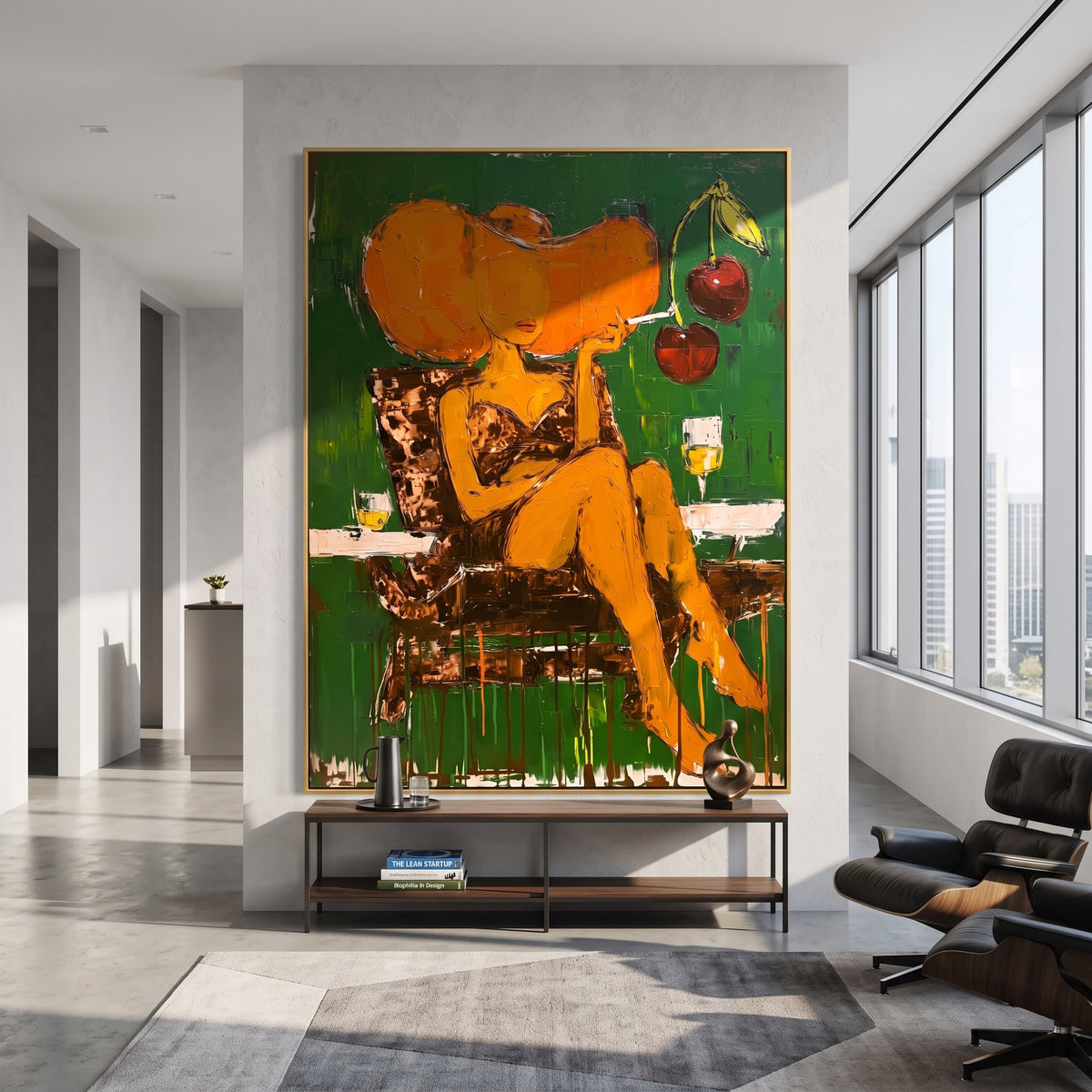 Orange Hat Abstract Woman is written from the actual artwork image, focusing on a large orange-hat woman seated against green with fruit-like accents. The composition is built from specific visible details: oversized orange hat, green background, seated yellow figure, fruit accents, and dripping lower strokes. The vertical composition keeps attention on oversized orange hat, green background, seated yellow figure, fruit accents, and dripping lower strokes, using open ground, cropped edges, and