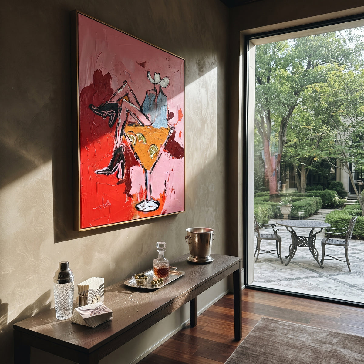 Western Cocktail Bar Cart is written from the actual artwork image, focusing on two cowgirls seated around a giant orange cocktail glass on a pink field. The composition is built from specific visible details: two white hats, orange cocktail glass, red boots, pink field, and bar-cart party composition. The vertical composition keeps attention on two white hats, orange cocktail glass, red boots, pink field, and bar-cart party composition, using open ground, cropped edges, and strong color blocks