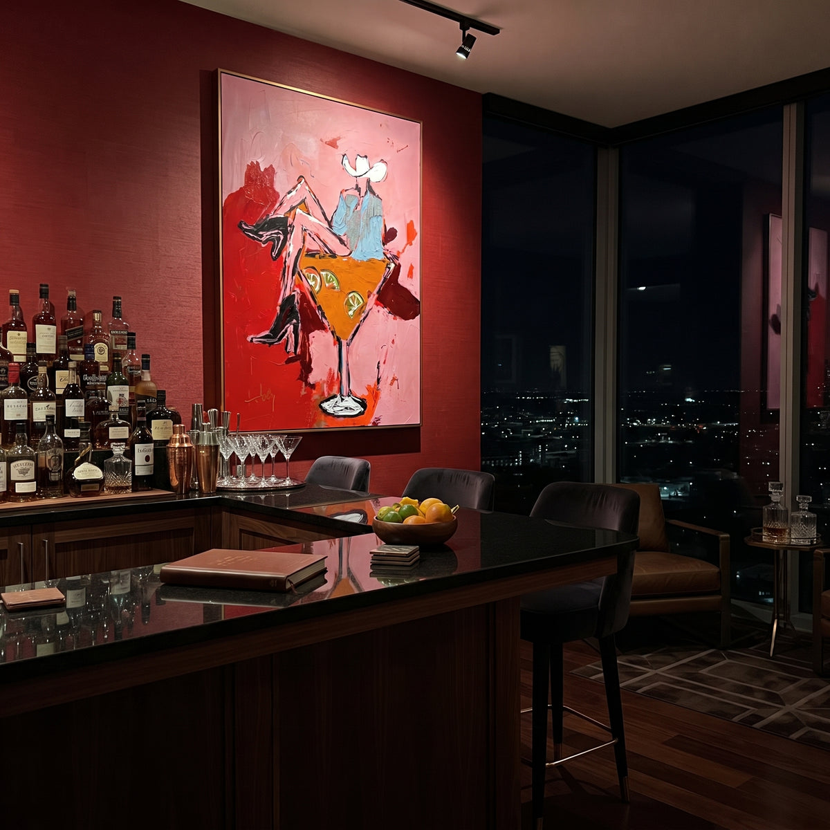 Western Cocktail Bar Cart is written from the actual artwork image, focusing on two cowgirls seated around a giant orange cocktail glass on a pink field. The composition is built from specific visible details: two white hats, orange cocktail glass, red boots, pink field, and bar-cart party composition. The vertical composition keeps attention on two white hats, orange cocktail glass, red boots, pink field, and bar-cart party composition, using open ground, cropped edges, and strong color blocks