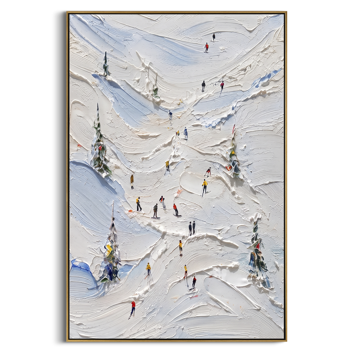 Alpine Snow Trail focuses on layered snow ridges, visible ski marks, and a quiet pine border. The artwork shows a winter ski scene built from the actual image: visible downhill figures, curved snow tracks, raised ridgelines, and alpine space arranged in a tall composition. The white, black, gray palette gives the piece a cold mountain atmosphere while the thick impasto surface creates shadows along each snowbank, ski line, and textured ridge. This is presented as hand-painted textured canvas