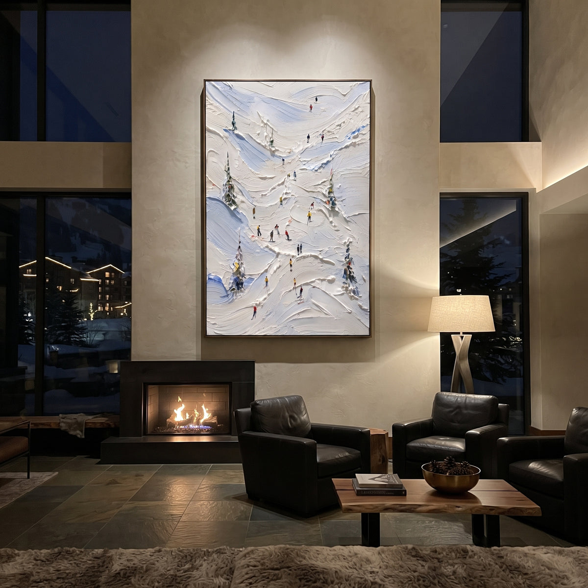 Alpine Snow Trail focuses on layered snow ridges, visible ski marks, and a quiet pine border. The artwork shows a winter ski scene built from the actual image: visible downhill figures, curved snow tracks, raised ridgelines, and alpine space arranged in a tall composition. The white, black, gray palette gives the piece a cold mountain atmosphere while the thick impasto surface creates shadows along each snowbank, ski line, and textured ridge. This is presented as hand-painted textured canvas