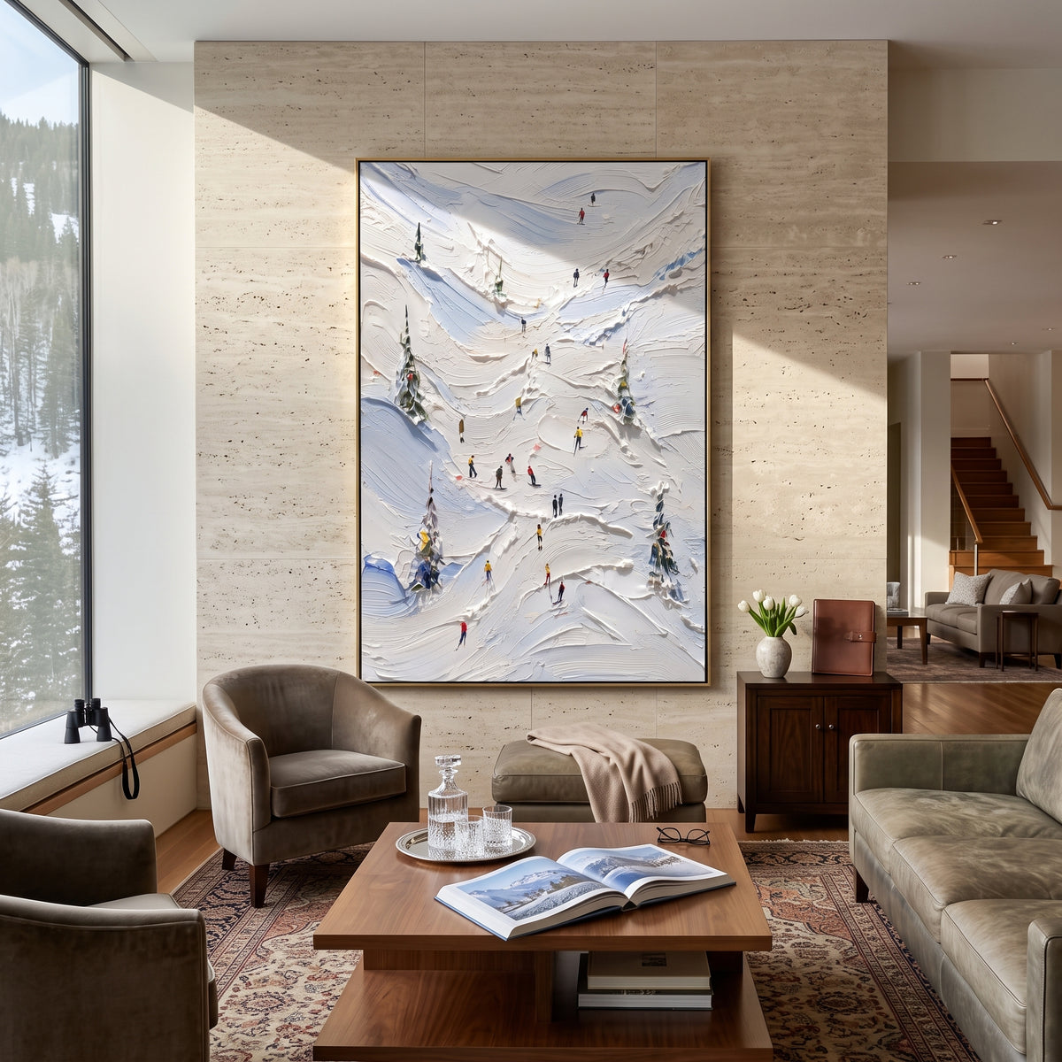 Alpine Snow Trail focuses on layered snow ridges, visible ski marks, and a quiet pine border. The artwork shows a winter ski scene built from the actual image: visible downhill figures, curved snow tracks, raised ridgelines, and alpine space arranged in a tall composition. The white, black, gray palette gives the piece a cold mountain atmosphere while the thick impasto surface creates shadows along each snowbank, ski line, and textured ridge. This is presented as hand-painted textured canvas