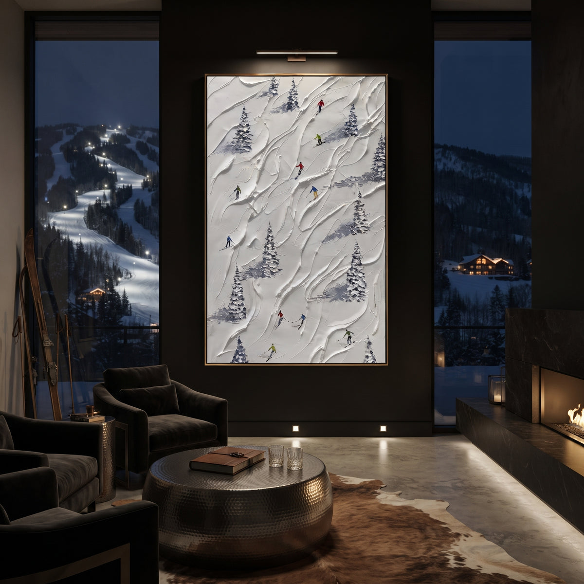 Powder Alpine Descent focuses on a busy resort slope with many tiny figures following separate downhill lines. The artwork shows a winter ski scene built from the actual image: visible downhill figures, curved snow tracks, raised ridgelines, and alpine space arranged in a tall composition. The white, blue, gray palette gives the piece a cold mountain atmosphere while the thick impasto surface creates shadows along each snowbank, ski line, and textured ridge. This is presented as hand-painted