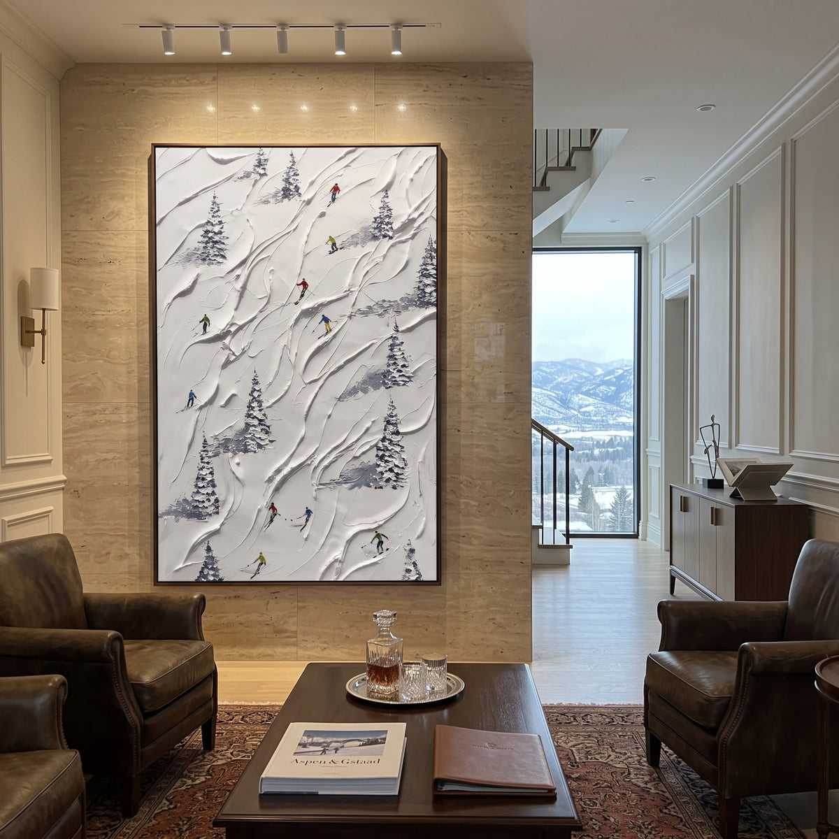 Powder Alpine Descent focuses on a busy resort slope with many tiny figures following separate downhill lines. The artwork shows a winter ski scene built from the actual image: visible downhill figures, curved snow tracks, raised ridgelines, and alpine space arranged in a tall composition. The white, blue, gray palette gives the piece a cold mountain atmosphere while the thick impasto surface creates shadows along each snowbank, ski line, and textured ridge. This is presented as hand-painted