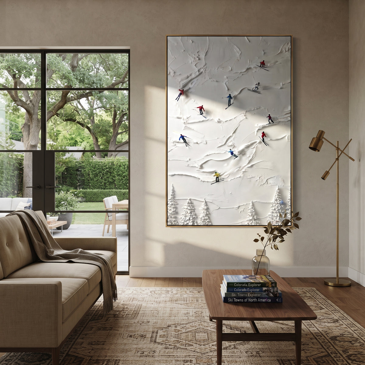 Snowfield Skiers focuses on colored skiers crossing raised white snow tracks between dark pine edges. The artwork shows a winter ski scene built from the actual image: visible downhill figures, curved snow tracks, raised ridgelines, and alpine space arranged in a tall composition. The white, green, blue palette gives the piece a cold mountain atmosphere while the thick impasto surface creates shadows along each snowbank, ski line, and textured ridge. This is presented as hand-painted textured