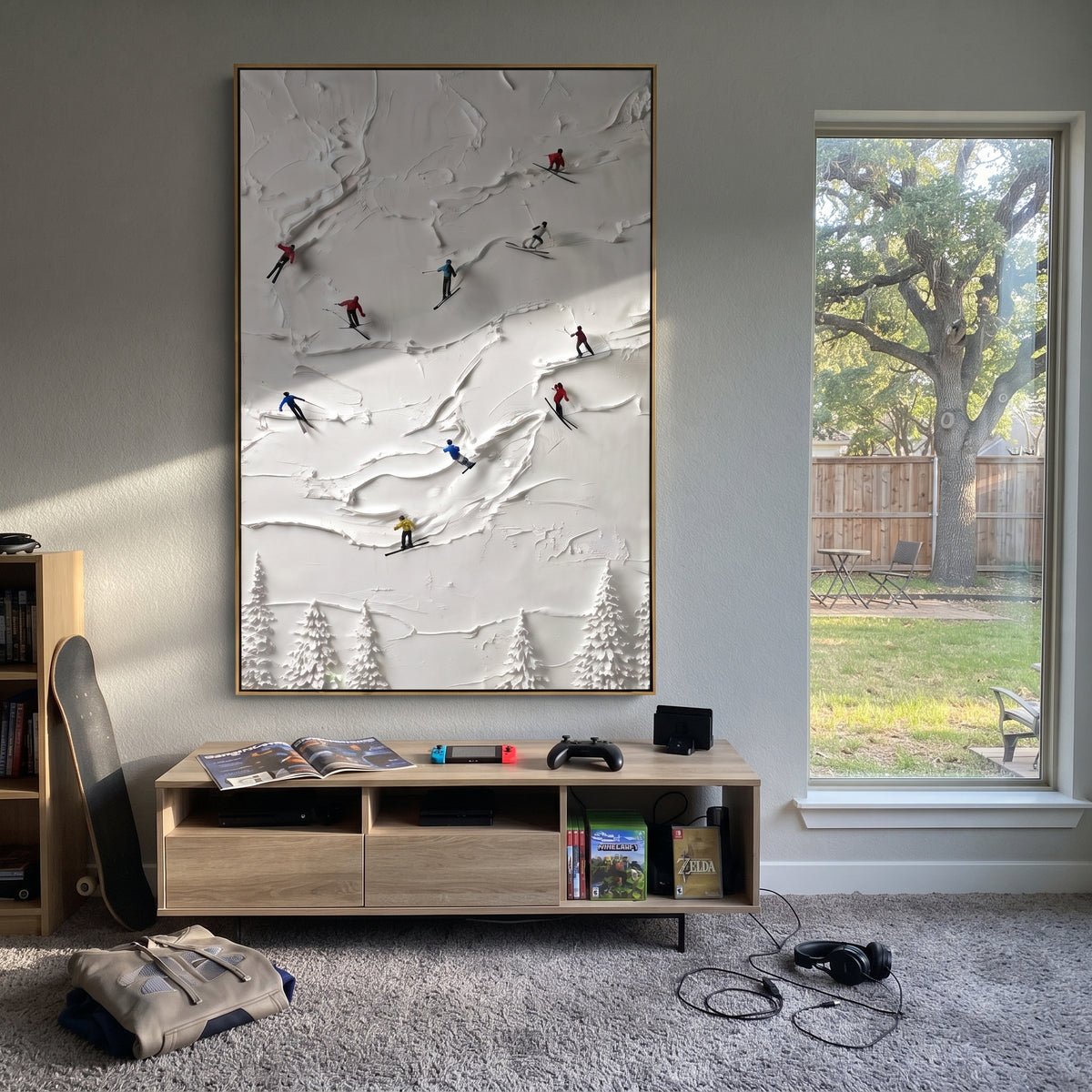 Snowfield Skiers focuses on colored skiers crossing raised white snow tracks between dark pine edges. The artwork shows a winter ski scene built from the actual image: visible downhill figures, curved snow tracks, raised ridgelines, and alpine space arranged in a tall composition. The white, green, blue palette gives the piece a cold mountain atmosphere while the thick impasto surface creates shadows along each snowbank, ski line, and textured ridge. This is presented as hand-painted textured