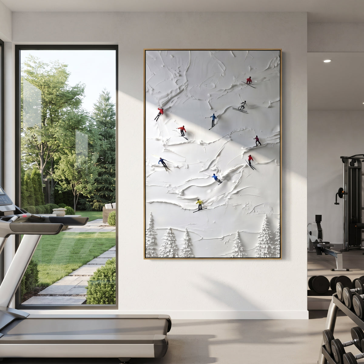 Snowfield Skiers focuses on colored skiers crossing raised white snow tracks between dark pine edges. The artwork shows a winter ski scene built from the actual image: visible downhill figures, curved snow tracks, raised ridgelines, and alpine space arranged in a tall composition. The white, green, blue palette gives the piece a cold mountain atmosphere while the thick impasto surface creates shadows along each snowbank, ski line, and textured ridge. This is presented as hand-painted textured