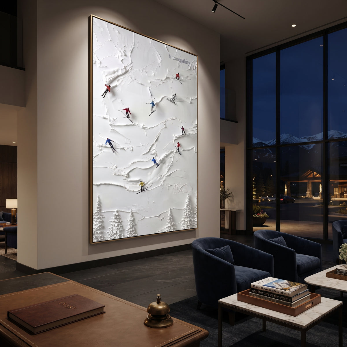 Snowfield Skiers focuses on colored skiers crossing raised white snow tracks between dark pine edges. The artwork shows a winter ski scene built from the actual image: visible downhill figures, curved snow tracks, raised ridgelines, and alpine space arranged in a tall composition. The white, green, blue palette gives the piece a cold mountain atmosphere while the thick impasto surface creates shadows along each snowbank, ski line, and textured ridge. This is presented as hand-painted textured