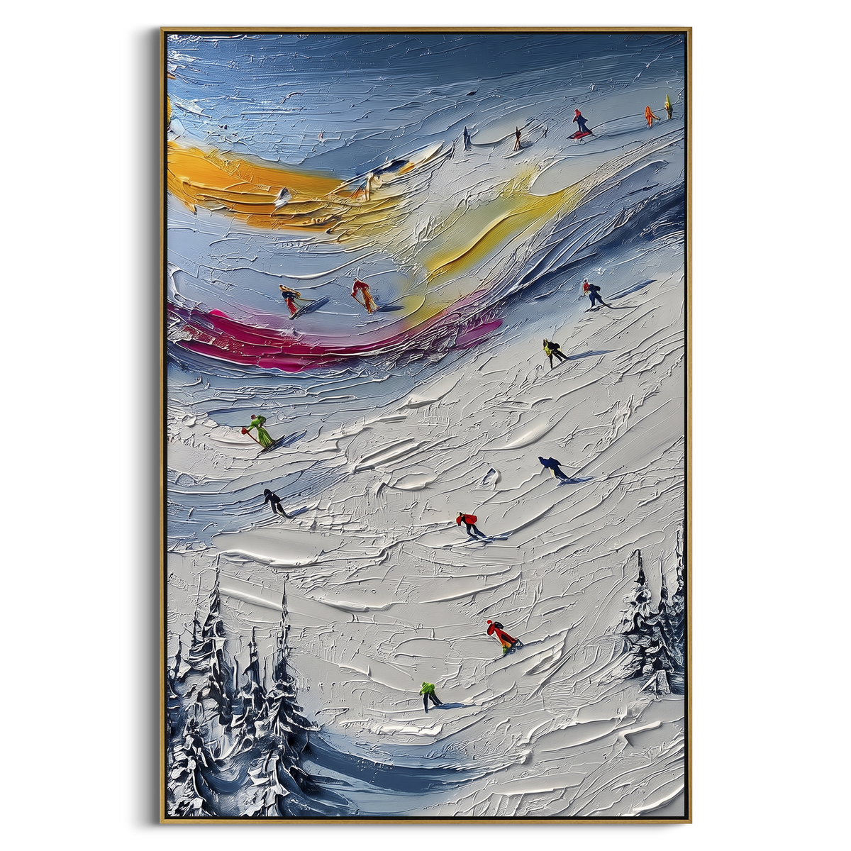 Sunset Ribbon Ski Slope focuses on a dramatic slope with orange and purple sky ribbons above dark pines and many skiers. The artwork shows a winter ski scene built from the actual image: visible downhill figures, curved snow tracks, raised ridgelines, and alpine space arranged in a tall composition. The orange, purple, blue palette gives the piece a cold mountain atmosphere while the thick impasto surface creates shadows along each snowbank, ski line, and textured ridge. This is presented as