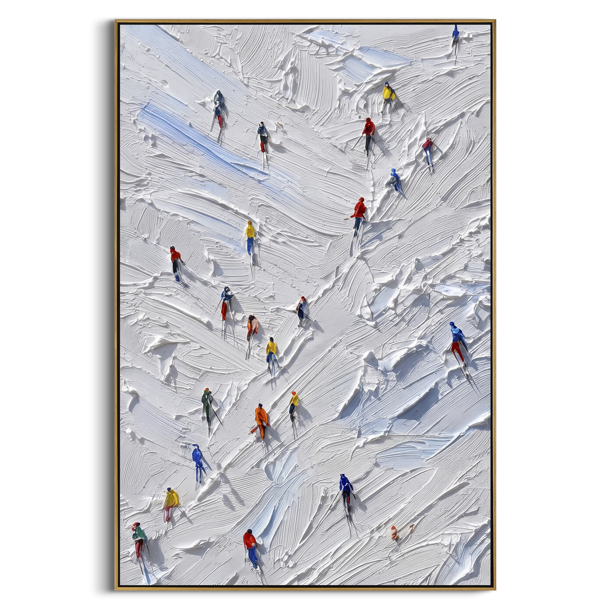 Glacier Pine Slope focuses on small downhill figures moving over carved impasto snow channels and soft blue shadows. The artwork shows a winter ski scene built from the actual image: visible downhill figures, curved snow tracks, raised ridgelines, and alpine space arranged in a tall composition. The white, gray, blue palette gives the piece a cold mountain atmosphere while the thick impasto surface creates shadows along each snowbank, ski line, and textured ridge. This is presented as