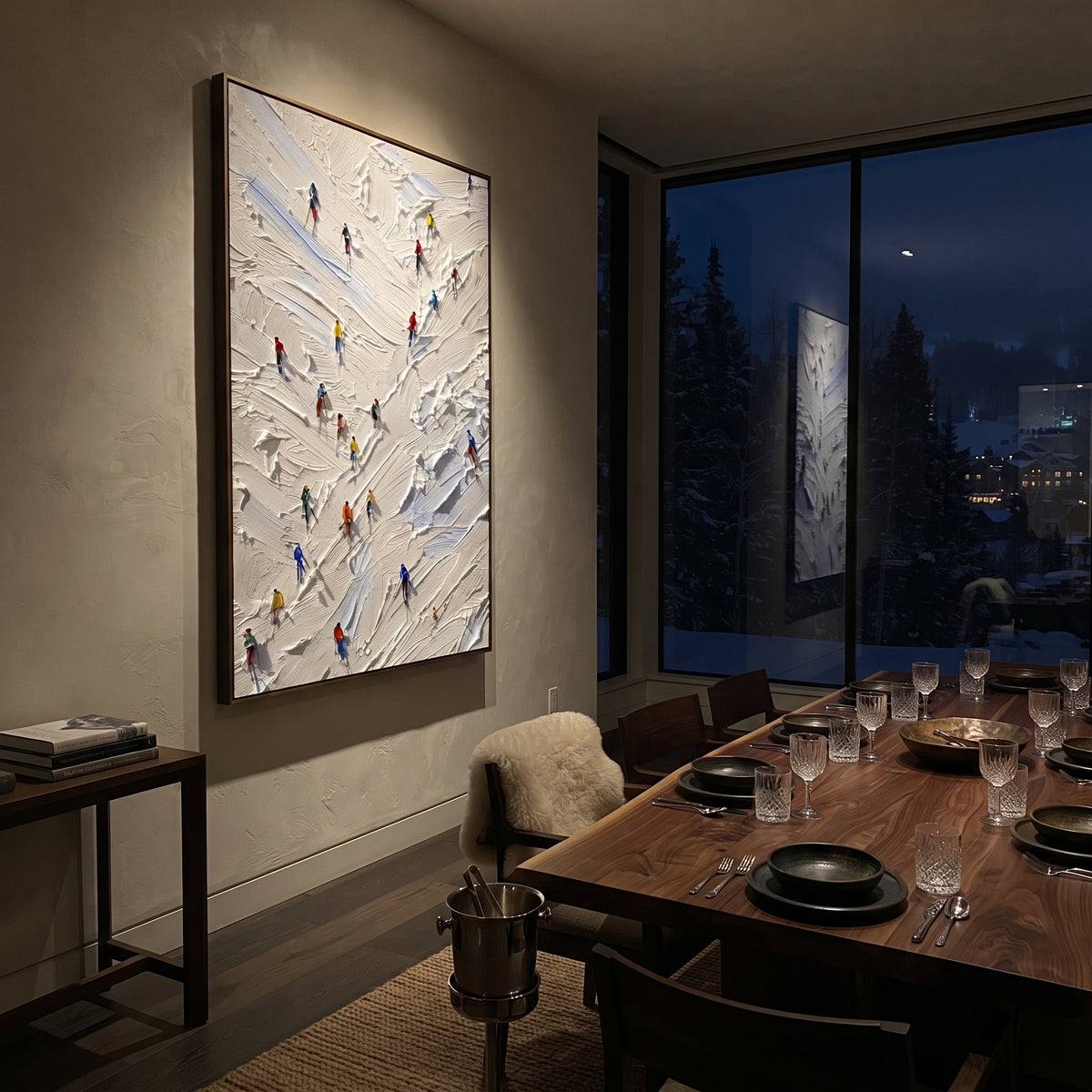 Glacier Pine Slope focuses on small downhill figures moving over carved impasto snow channels and soft blue shadows. The artwork shows a winter ski scene built from the actual image: visible downhill figures, curved snow tracks, raised ridgelines, and alpine space arranged in a tall composition. The white, gray, blue palette gives the piece a cold mountain atmosphere while the thick impasto surface creates shadows along each snowbank, ski line, and textured ridge. This is presented as