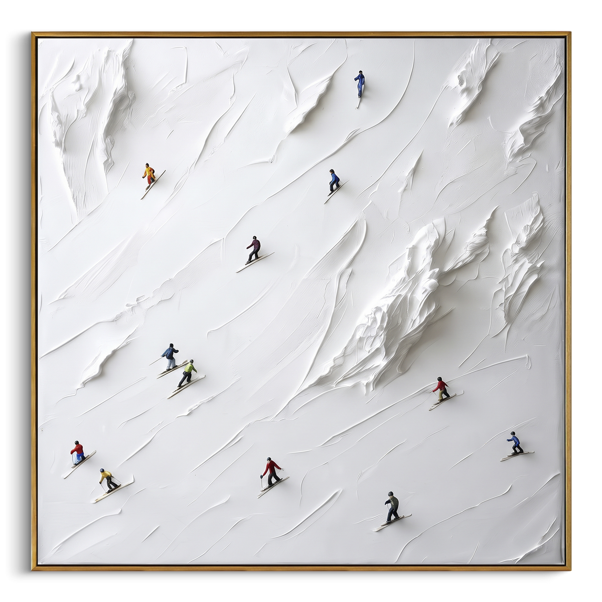 Winter Alpine Descent focuses on a broad winter slope filled with curved ski trails and miniature moving figures. The artwork shows a winter ski scene built from the actual image: visible downhill figures, curved snow tracks, raised ridgelines, and alpine space arranged in a balanced composition. The white, green, blue palette gives the piece a cold mountain atmosphere while the thick impasto surface creates shadows along each snowbank, ski line, and textured ridge. This is presented as