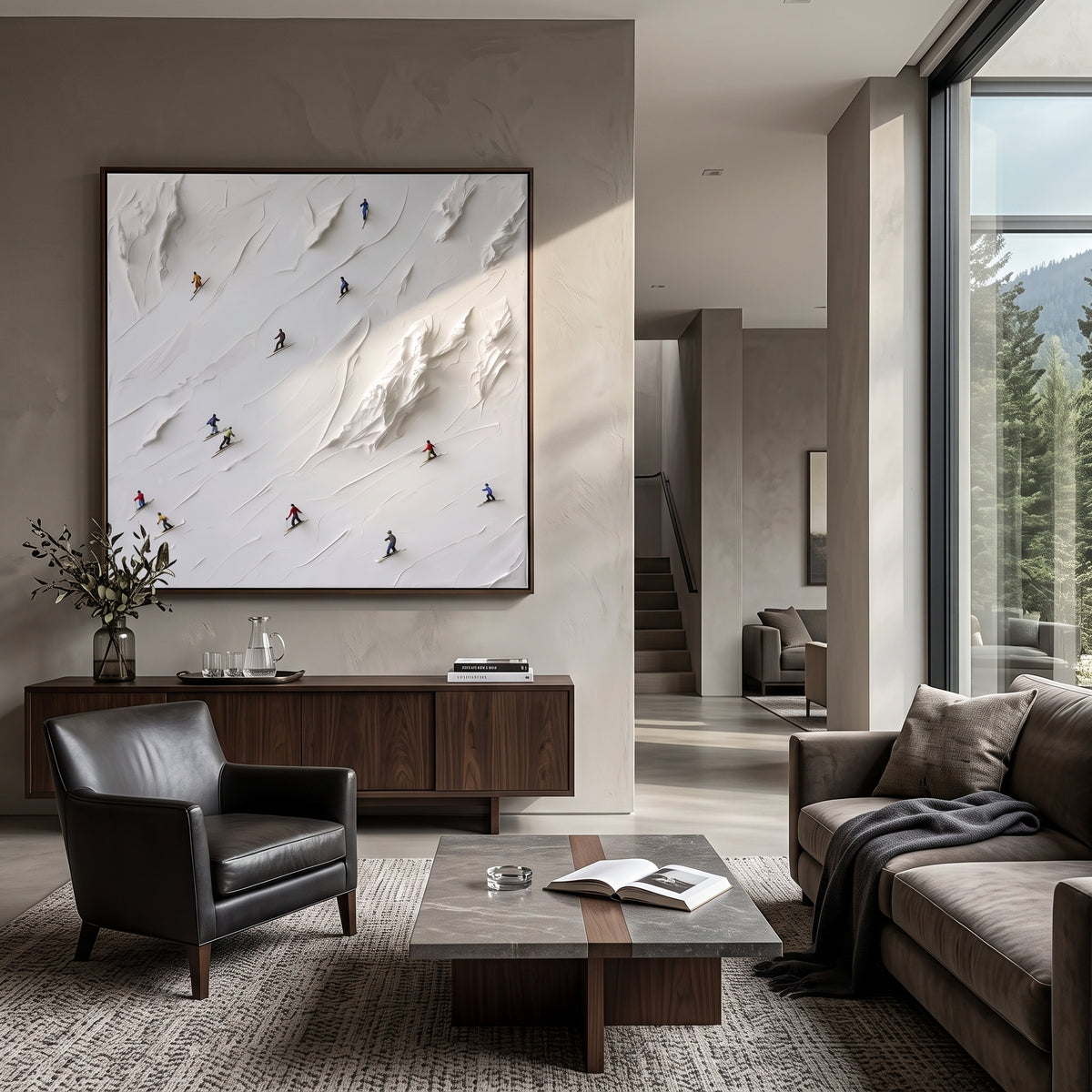 Winter Alpine Descent focuses on a broad winter slope filled with curved ski trails and miniature moving figures. The artwork shows a winter ski scene built from the actual image: visible downhill figures, curved snow tracks, raised ridgelines, and alpine space arranged in a balanced composition. The white, green, blue palette gives the piece a cold mountain atmosphere while the thick impasto surface creates shadows along each snowbank, ski line, and textured ridge. This is presented as