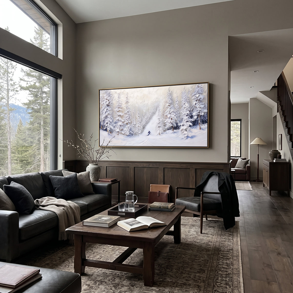 Ridge Texture Run focuses on soft gray snowfields broken by colorful skiers and thick ridge texture. The artwork shows a winter ski scene built from the actual image: visible downhill figures, curved snow tracks, raised ridgelines, and alpine space arranged in a wide composition. The white, black, gray palette gives the piece a cold mountain atmosphere while the thick impasto surface creates shadows along each snowbank, ski line, and textured ridge. This is presented as hand-painted textured