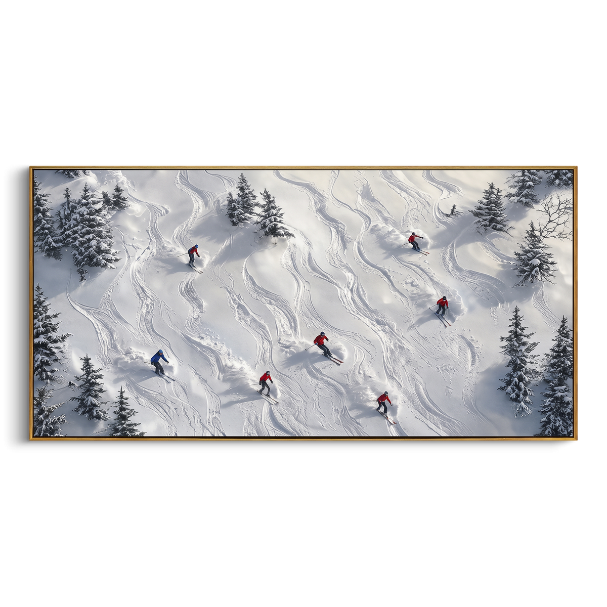 White Ridge Skiers focuses on overlapping white ridges and skiers placed at different depths across the slope. The artwork shows a winter ski scene built from the actual image: visible downhill figures, curved snow tracks, raised ridgelines, and alpine space arranged in a wide composition. The white, beige, blue palette gives the piece a cold mountain atmosphere while the thick impasto surface creates shadows along each snowbank, ski line, and textured ridge. This is presented as hand-painted
