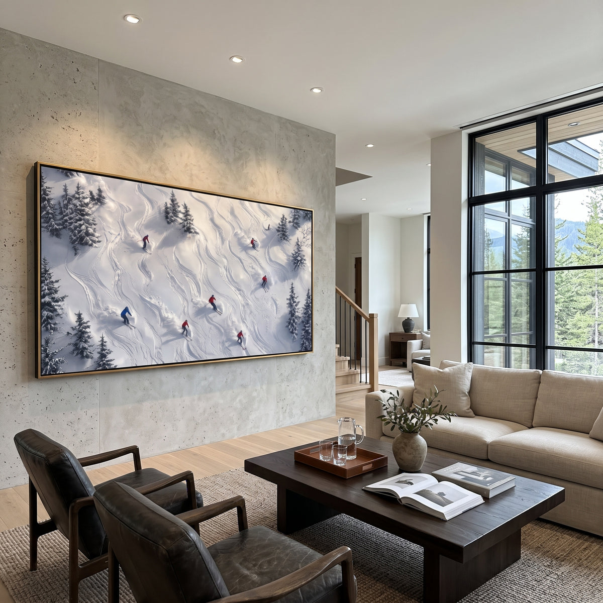 White Ridge Skiers focuses on overlapping white ridges and skiers placed at different depths across the slope. The artwork shows a winter ski scene built from the actual image: visible downhill figures, curved snow tracks, raised ridgelines, and alpine space arranged in a wide composition. The white, beige, blue palette gives the piece a cold mountain atmosphere while the thick impasto surface creates shadows along each snowbank, ski line, and textured ridge. This is presented as hand-painted