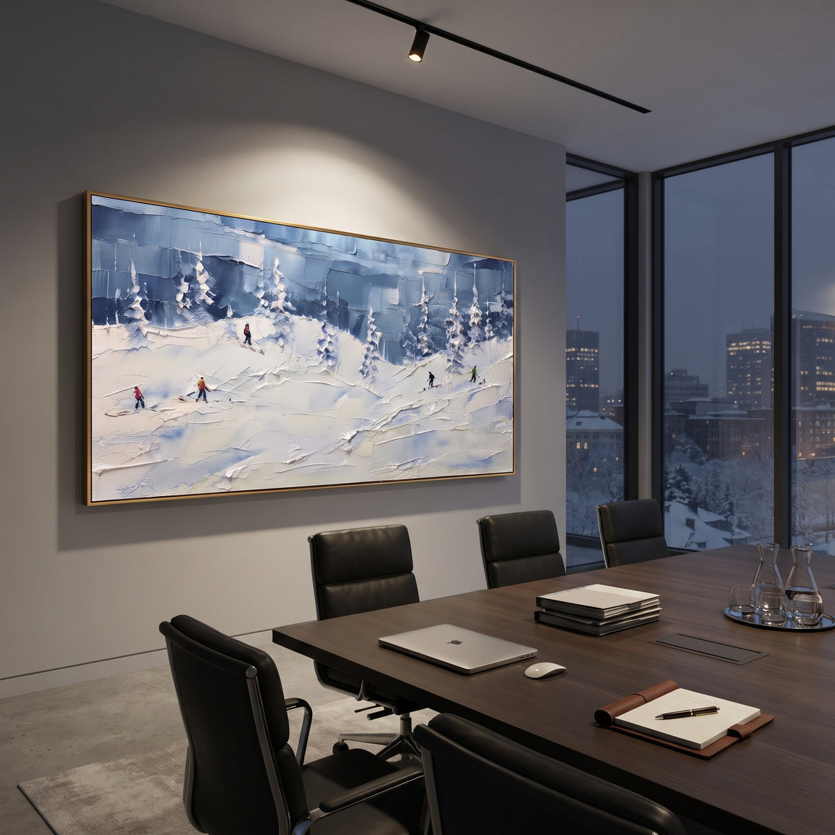 Blue Snow Basin focuses on small downhill figures moving over carved impasto snow channels and soft blue shadows. The artwork shows a winter ski scene built from the actual image: visible downhill figures, curved snow tracks, raised ridgelines, and alpine space arranged in a wide composition. The blue, white, orange palette gives the piece a cold mountain atmosphere while the thick impasto surface creates shadows along each snowbank, ski line, and textured ridge. This is presented as