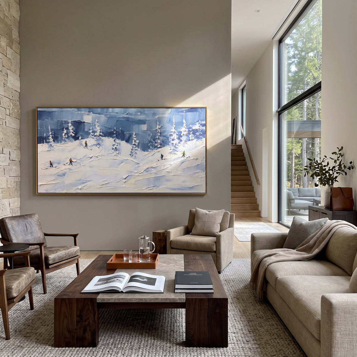Blue Snow Basin focuses on small downhill figures moving over carved impasto snow channels and soft blue shadows. The artwork shows a winter ski scene built from the actual image: visible downhill figures, curved snow tracks, raised ridgelines, and alpine space arranged in a wide composition. The blue, white, orange palette gives the piece a cold mountain atmosphere while the thick impasto surface creates shadows along each snowbank, ski line, and textured ridge. This is presented as