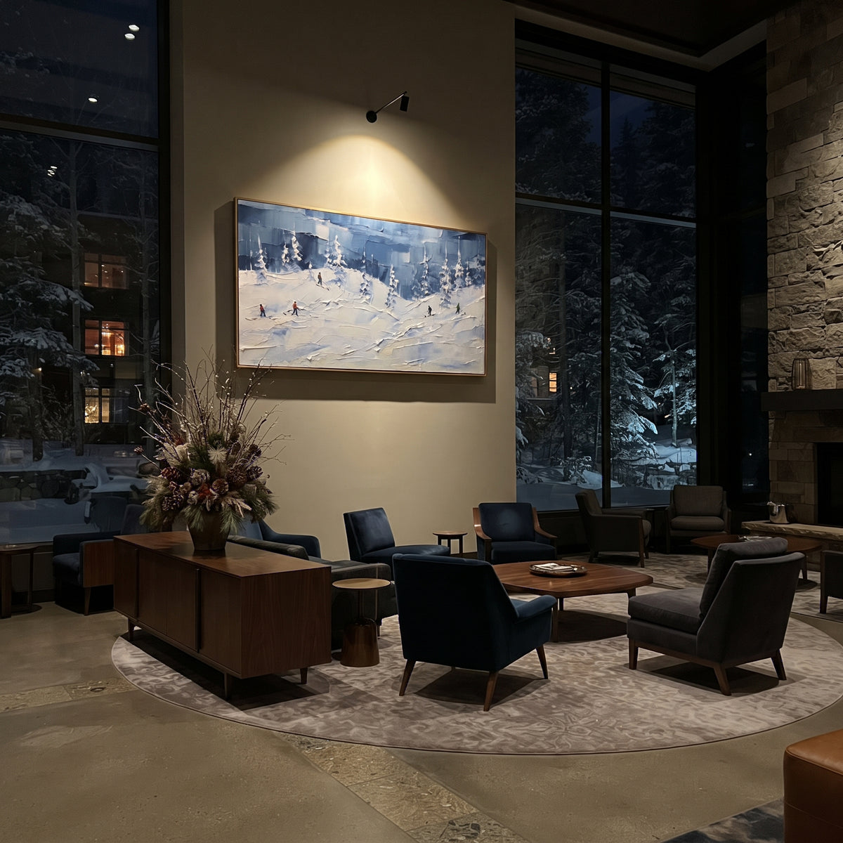 Blue Snow Basin focuses on small downhill figures moving over carved impasto snow channels and soft blue shadows. The artwork shows a winter ski scene built from the actual image: visible downhill figures, curved snow tracks, raised ridgelines, and alpine space arranged in a wide composition. The blue, white, orange palette gives the piece a cold mountain atmosphere while the thick impasto surface creates shadows along each snowbank, ski line, and textured ridge. This is presented as